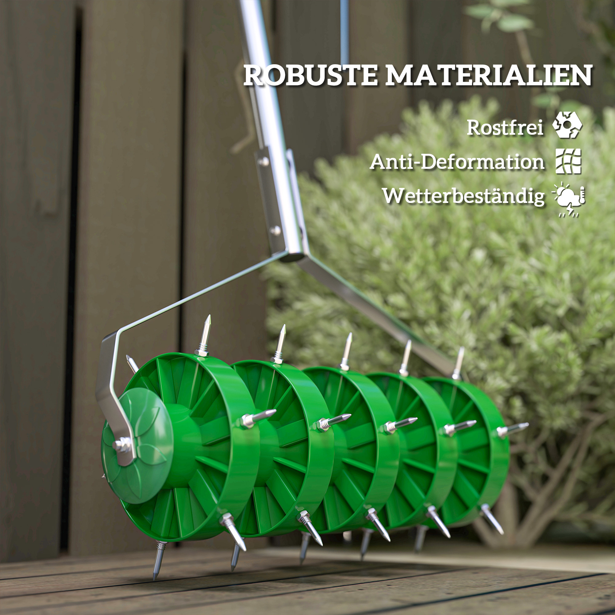 Rasenlüfter Aerifizierer für Rasen 45cm Breite Manuell Rasenbelüfter mit 30 Eisenspikes Stahl Dunkelgrün