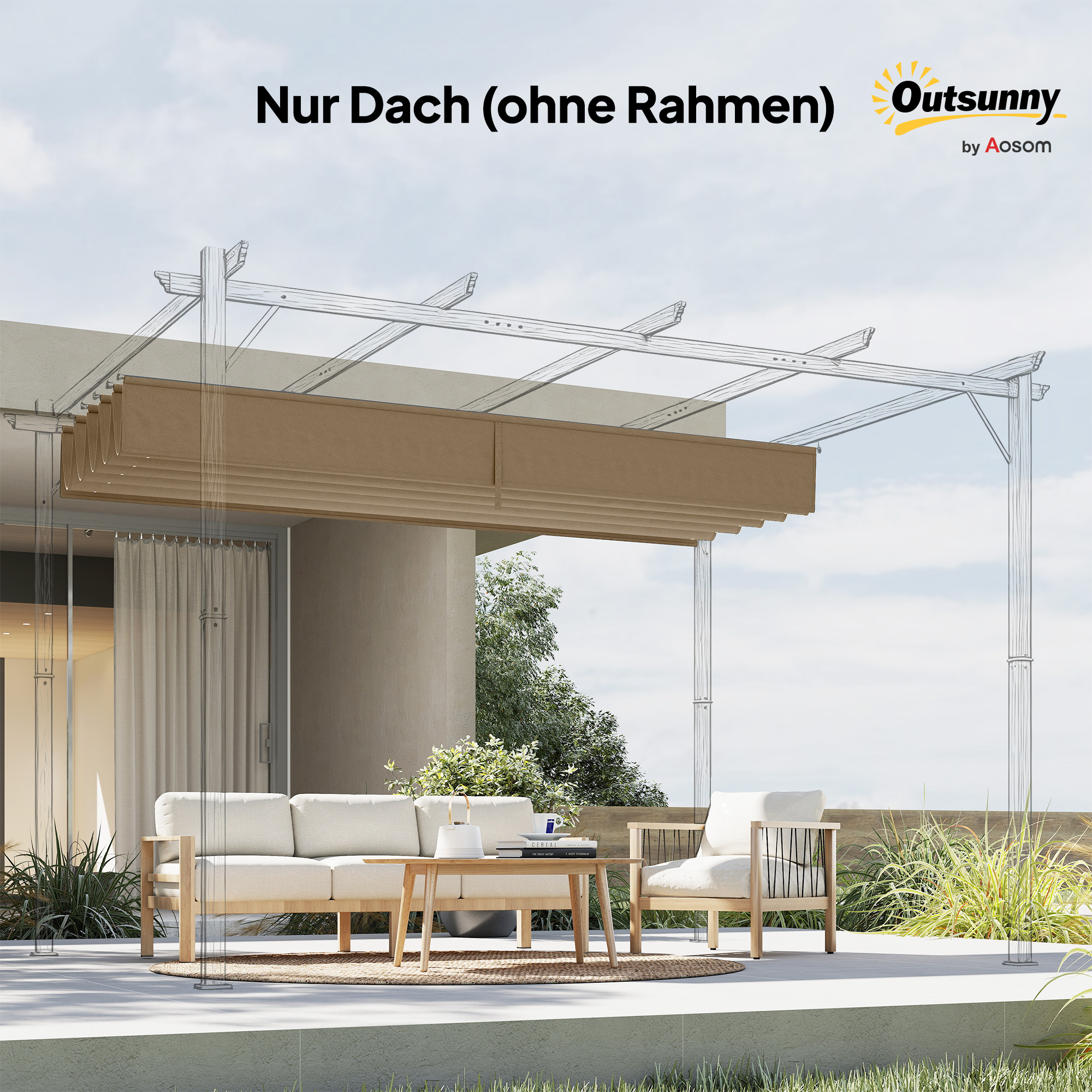 Ersatzdach für 3 x 3 m Pergola, einziehbar, mit Regenabflusslöchern, wetterfest, Polyester, Braun
