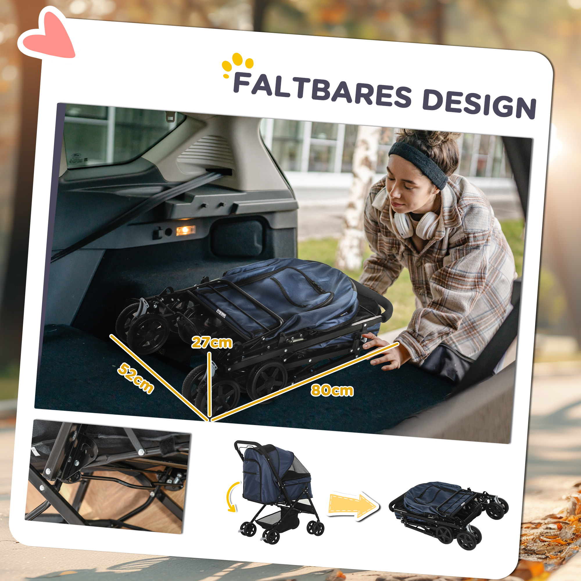 Hundewagen Hundebuggy bis 10kg verstellbares Vordach klappbar Bodenkorb 2 Bremsen Sicherheitsleine Blau