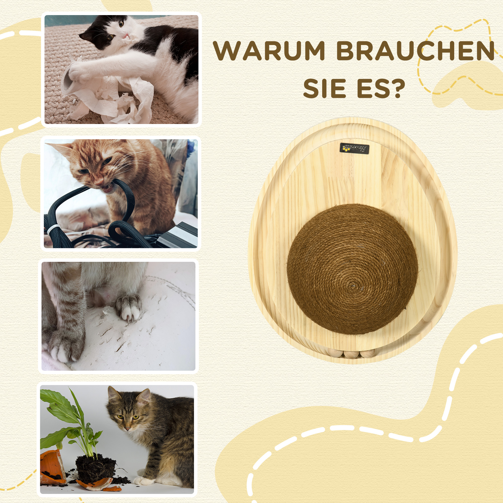 interaktives Katzenspielzeug, Kratzfläche, ovale Kugelbahn, Kiefernholz, 39,5 x 32,5 x 14,5 cm