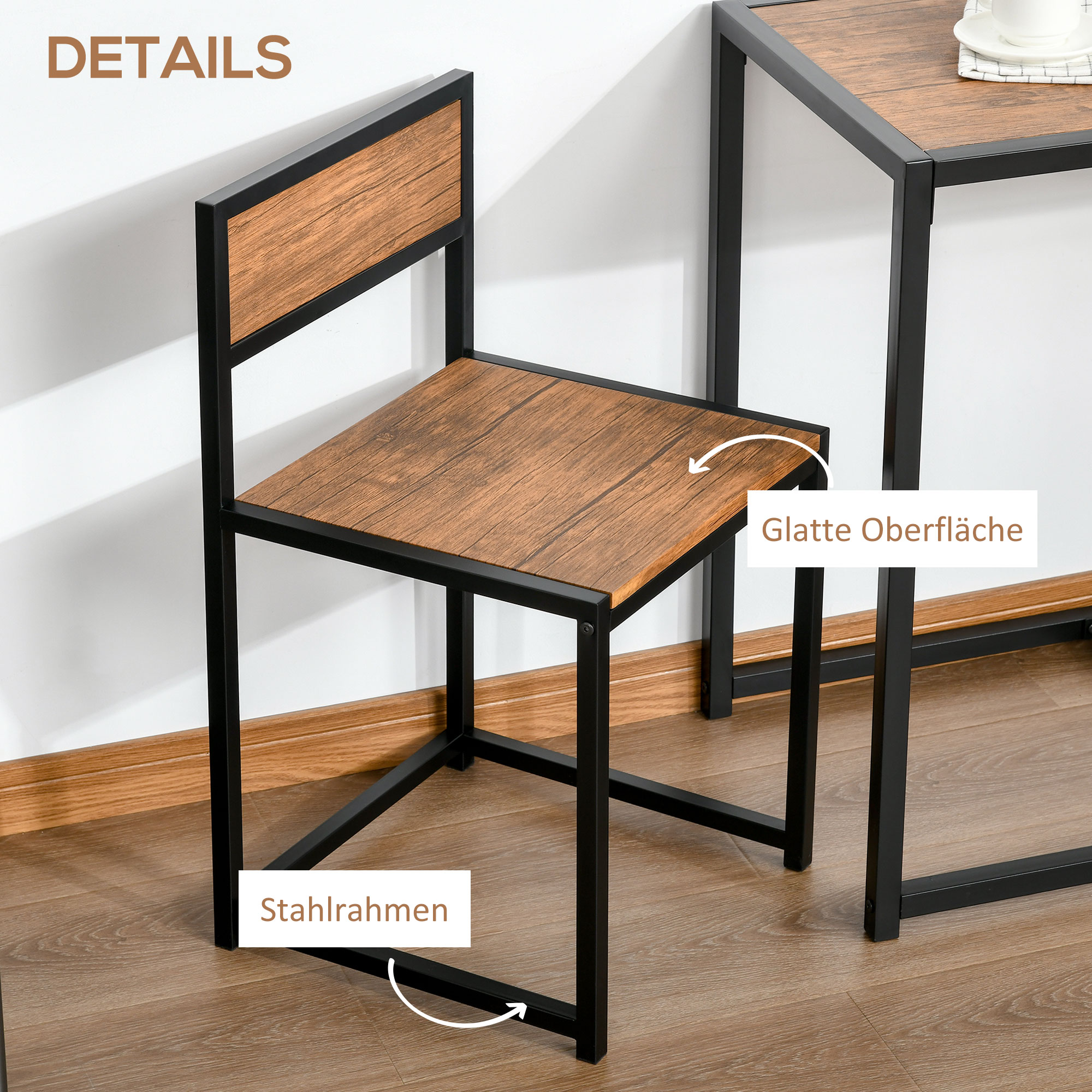 3-teiliges Bartisch-Set Hochtisch-Set 3-teilig, 2 Stühle, 1 Tisch, 90 cm x 47 cm x 76  cm, Braun + Schwarz