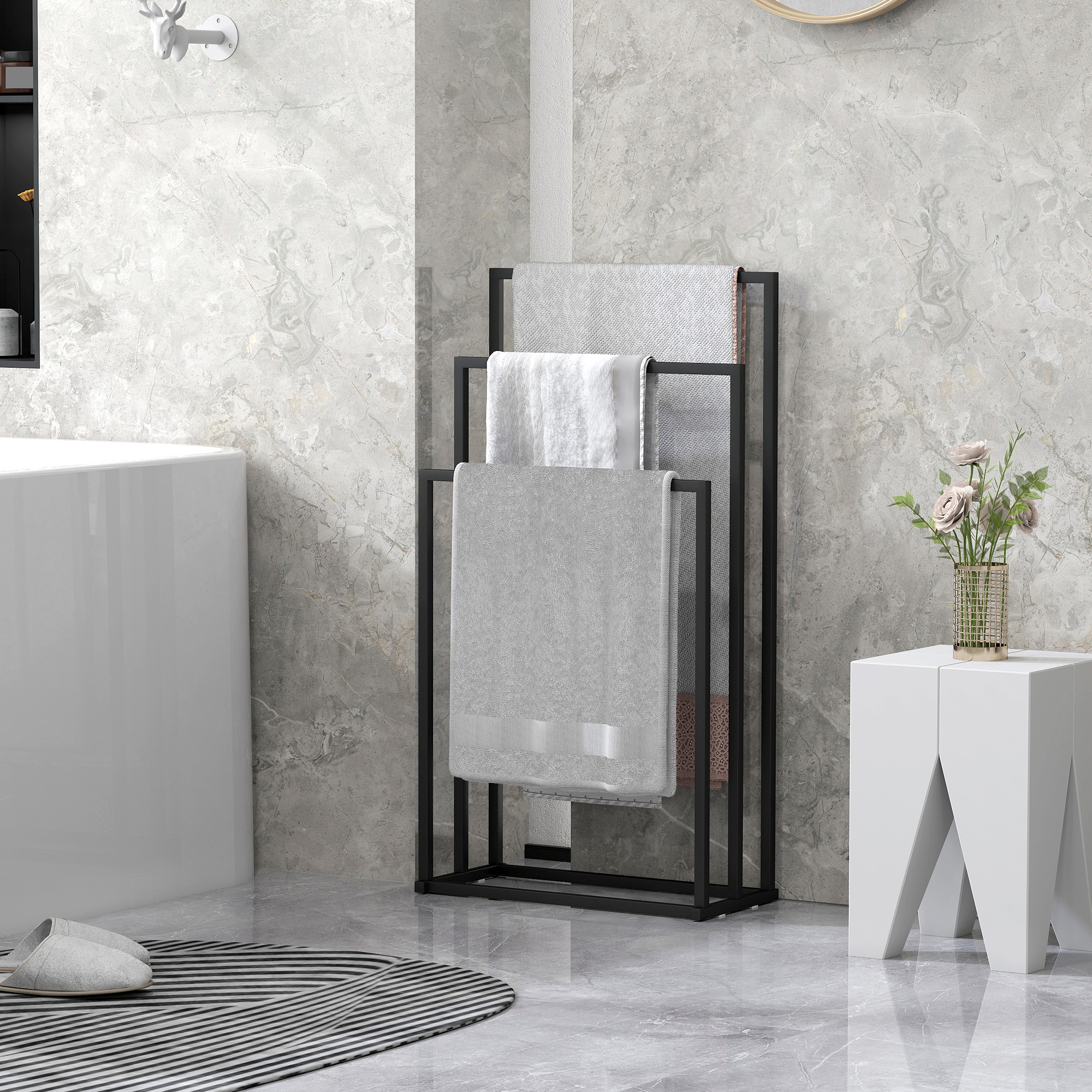 Handtuchhalter Stehend Handtuchständer mit 3 Stangen, Handtuchleiter aus Stahl 45 x 21,5 x 85 cm