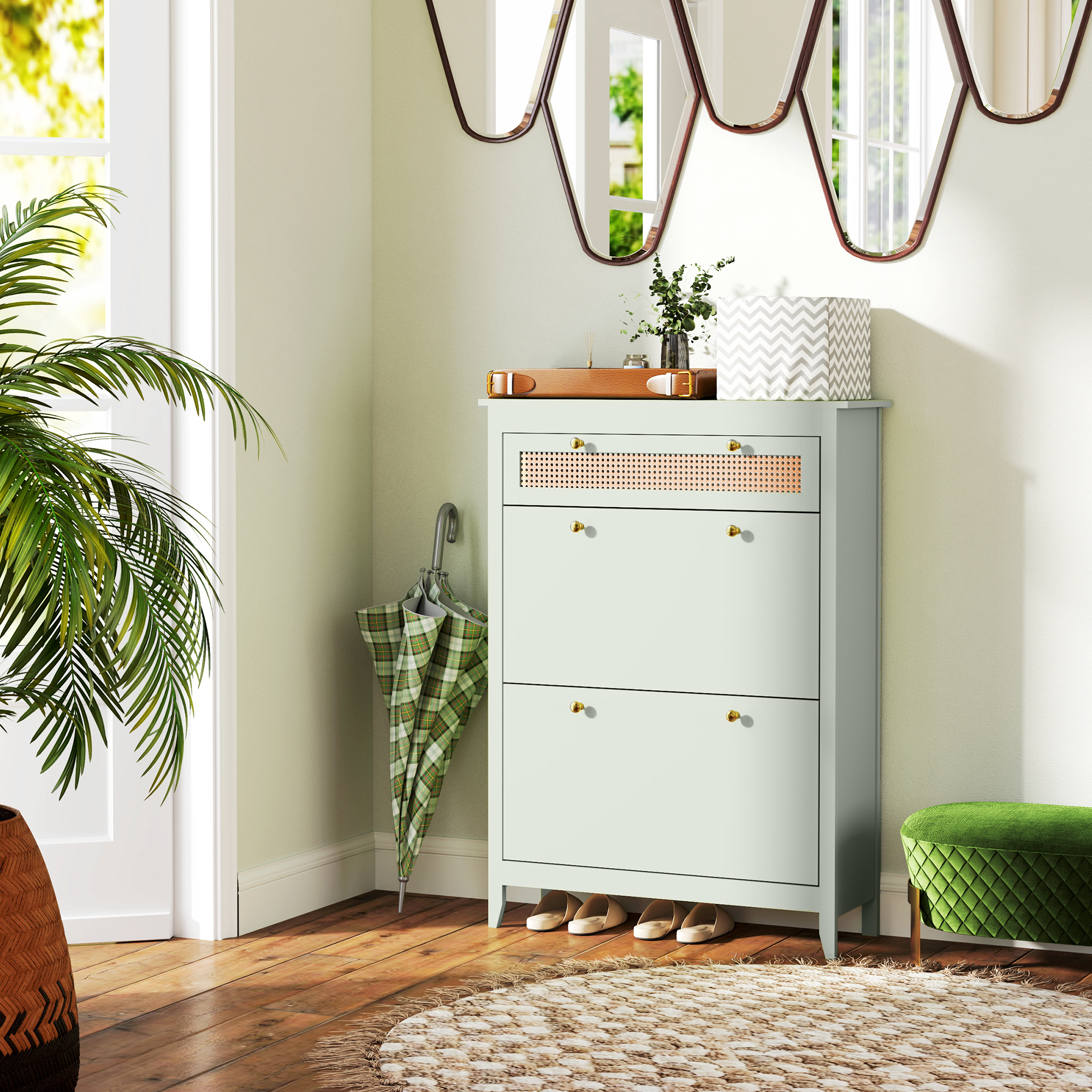 Schuhschrank für 12 Paar Schuhe, mit 1 ausziehbaren Schublade, 2 Flip-Schubladen, Schuhkommode, 88 x 30 x 120 cm, Grün