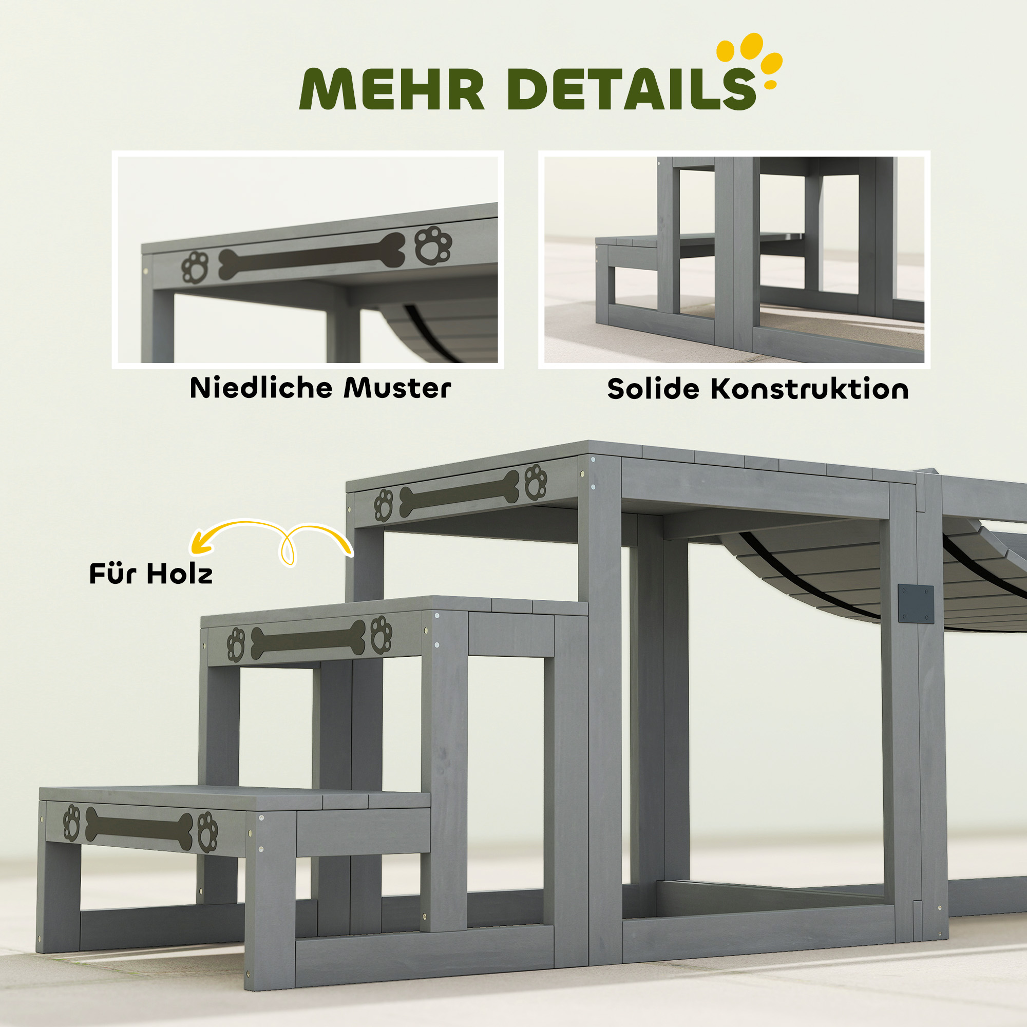 Agility Set Hunde 3-teiliges Set Agility-Ausrüstung mit Brücke, Treppe, Plattform, Tannenholz, 117 x 50 x 56 cm, Grau