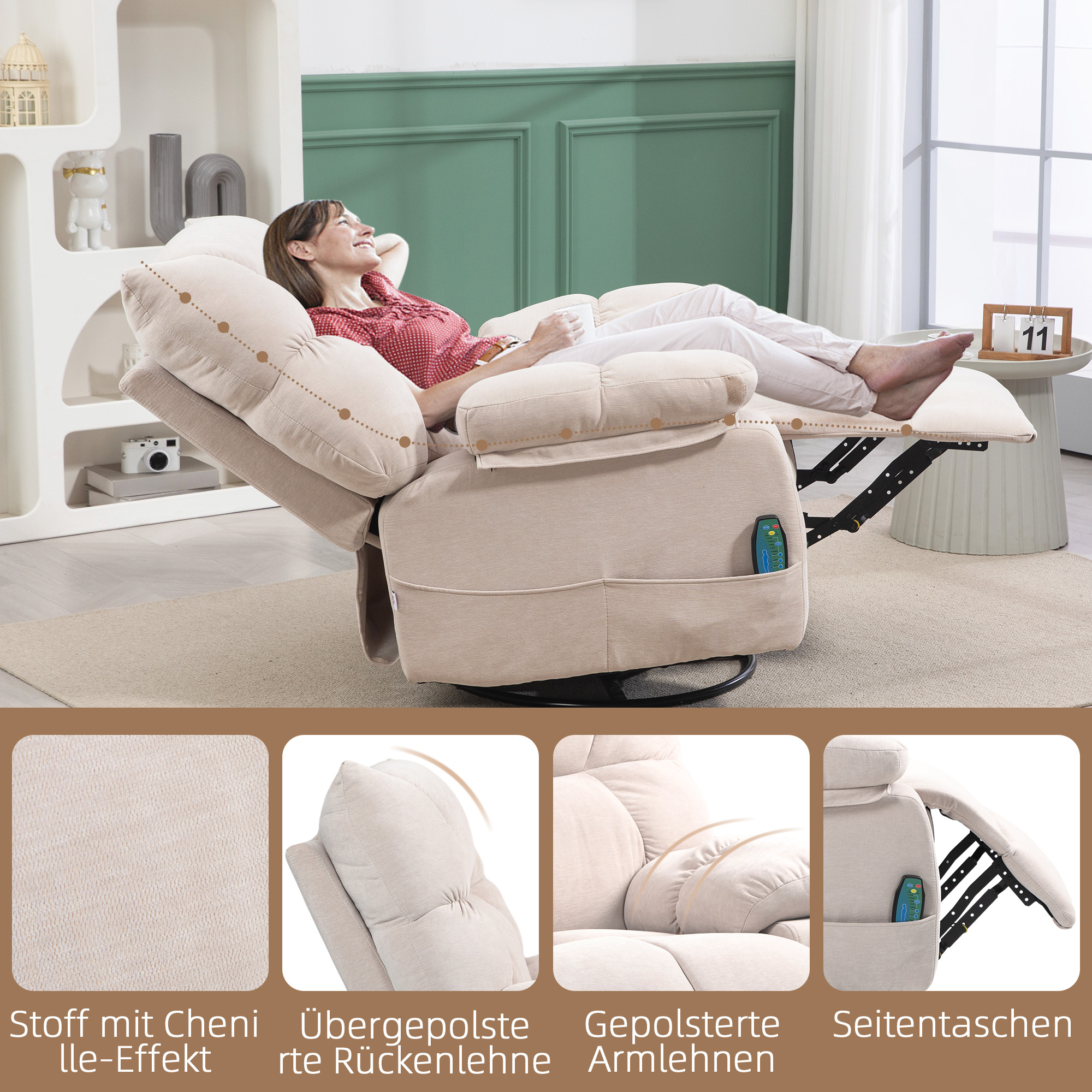 Massagesessel mit Wärme- & Liegefunktion, drehbar, bis 150 kg, Metallgestell, 98x90x98cm, Beige