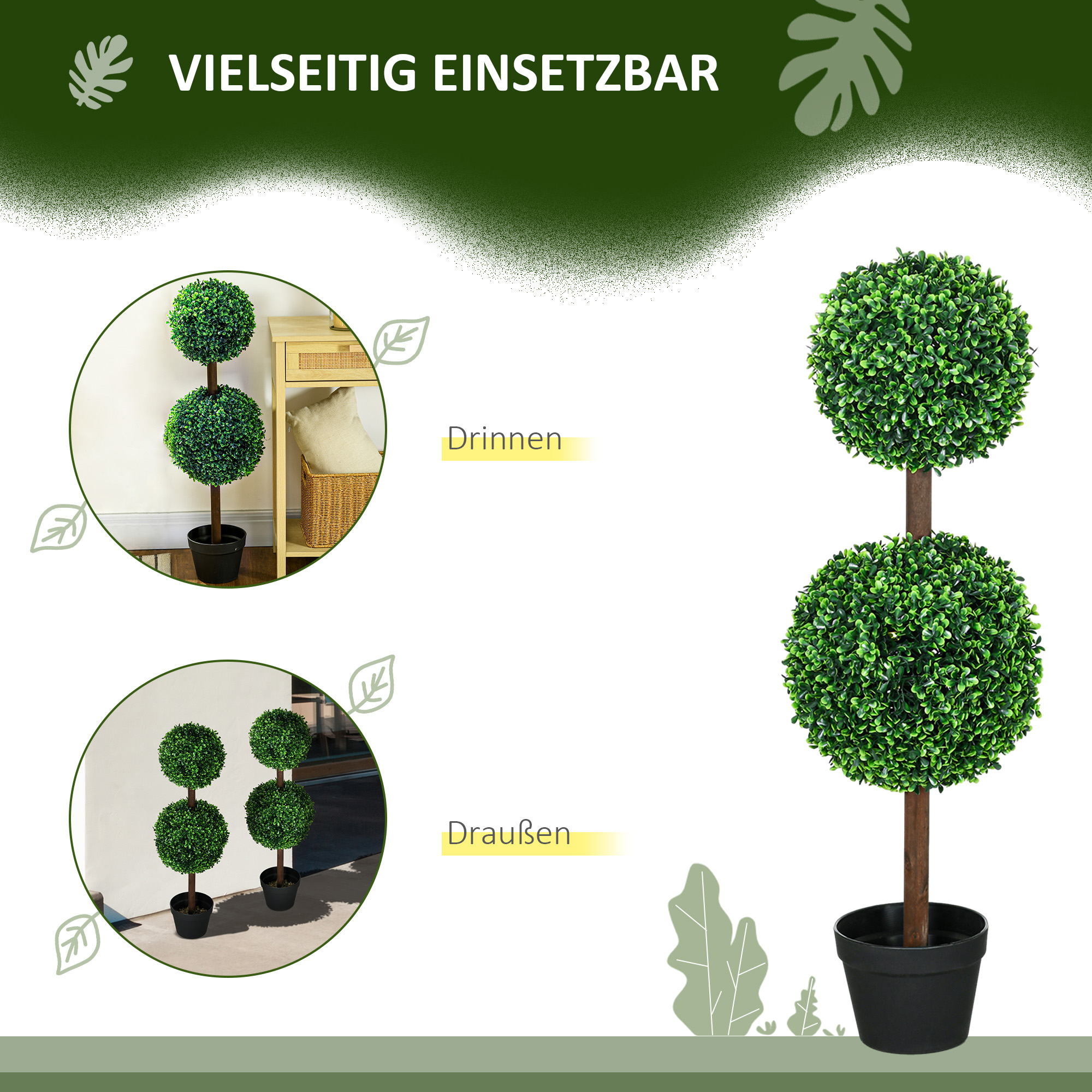 Künstliche Pflanzen, 2er-Set Buchsbaum, 90 cm Kunstpflanze, Kunstbaum, Deko-Pflanze für Indoor und Outdoor, Grün