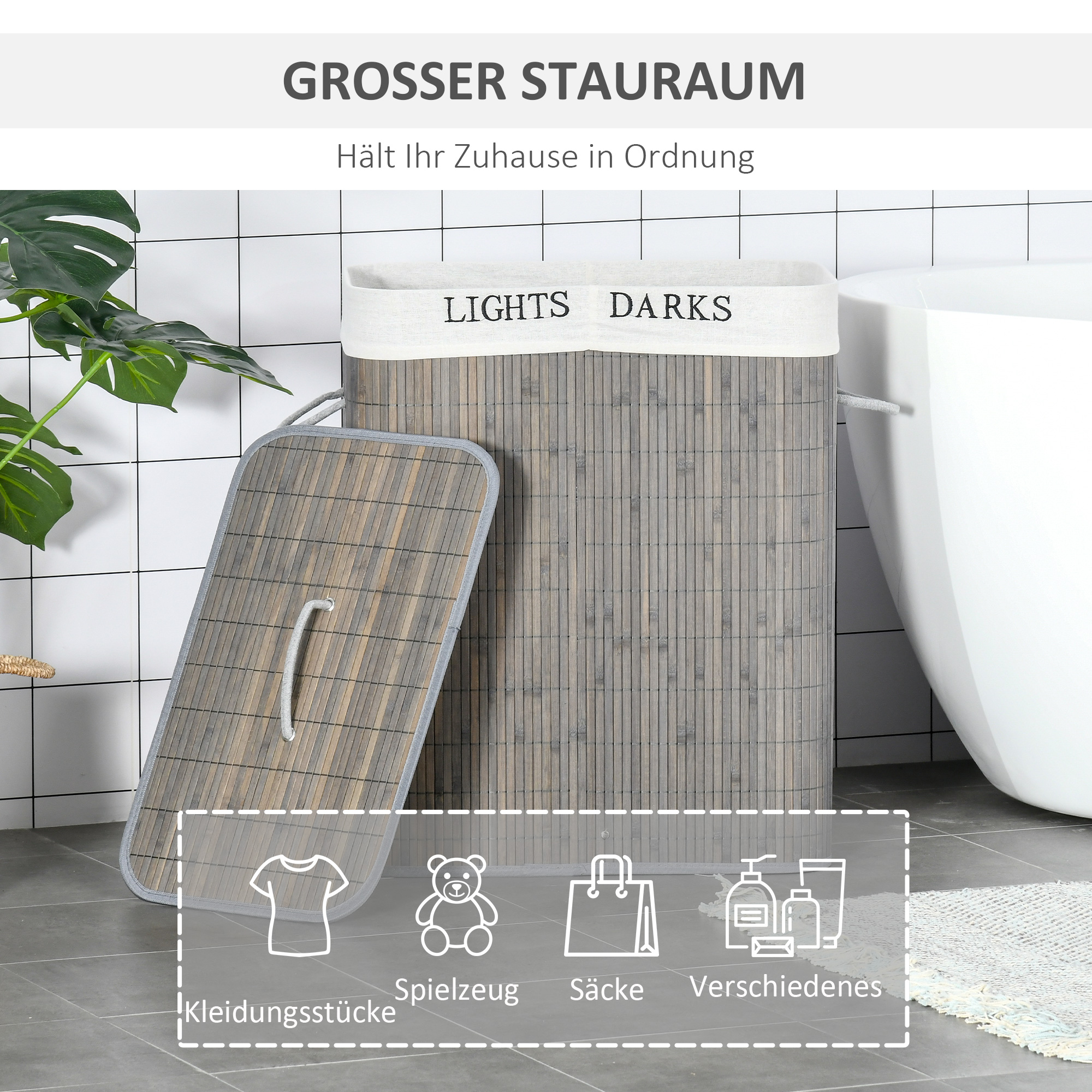 100L Wäschekorb mit 3 Griffen, mit waschbarem Wäschesack, Bambus, Polyester, Baumwolle, Metall, 52 x 32 x 63 cm, Grau