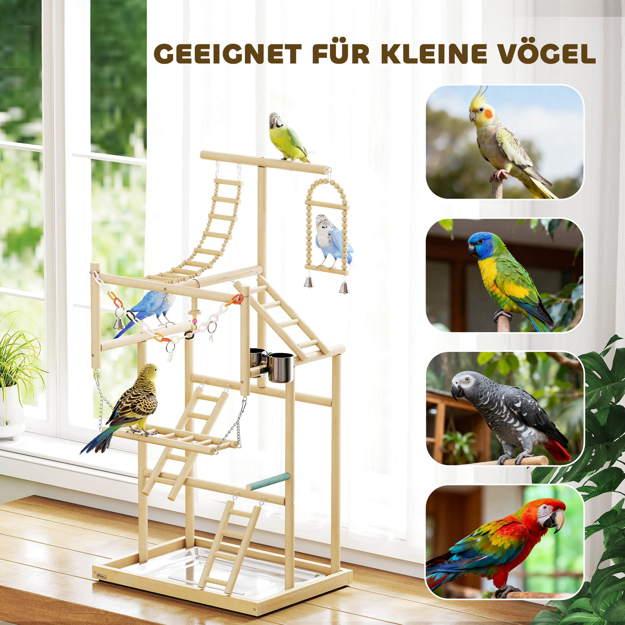 Vogelständer, Vogelstangen-Set, 4 Ebenen, Edelstahltablett, Spielzeug, Naturholz