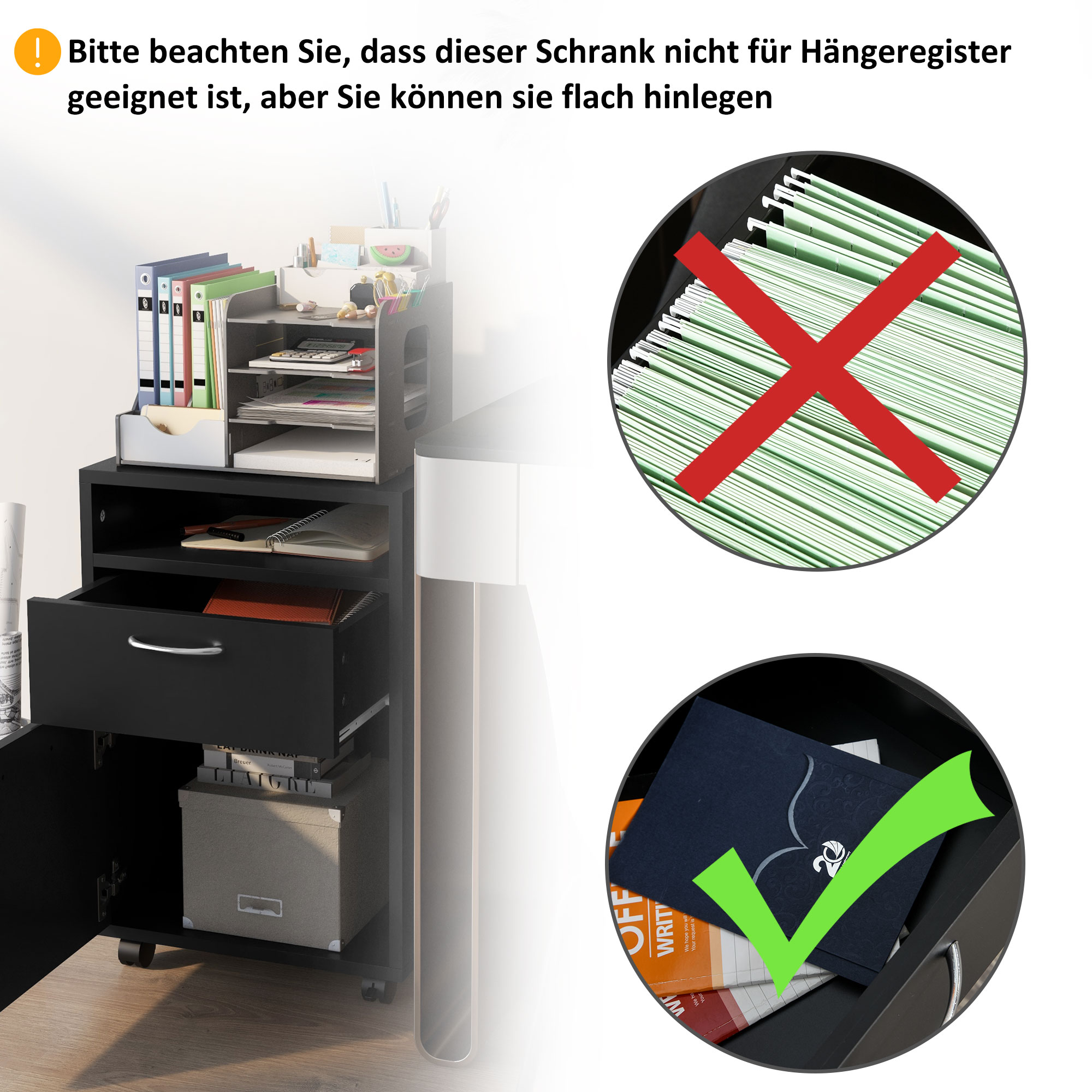 Rollcontainer Schubladencontainer Container, 1 Fach, 1 Regal, 1 Schublade, 40 cm x 3 cm x 60 cm, Schwarz