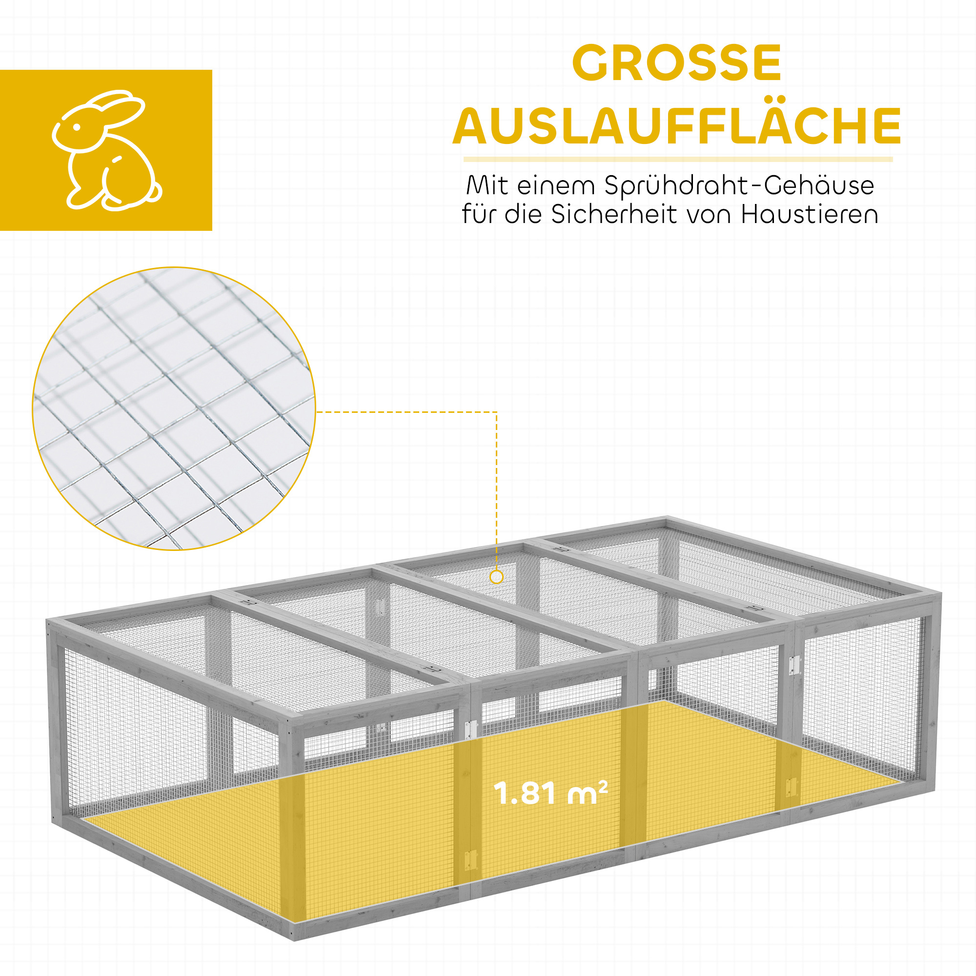 Kleintierstall, Kleintiergehege, Freigehege, Kleintierkäfig mit Tür, Meerschweinchenstall, Freilaufgehege, Kleintierhaus aus Tannenholz, 181 x 100 x 48 cm, Grau