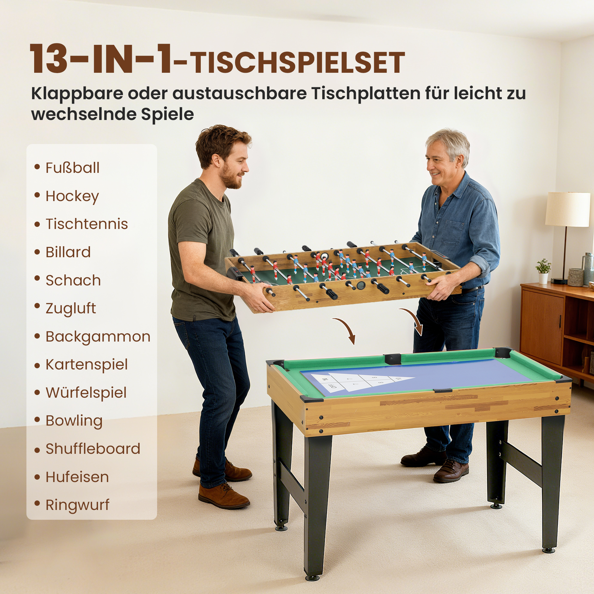 13-in-1 Spieletisch, Tischfußball, Schach, Billard, Tischtennis und mehr, MDF, Kunststoff, Walnuss