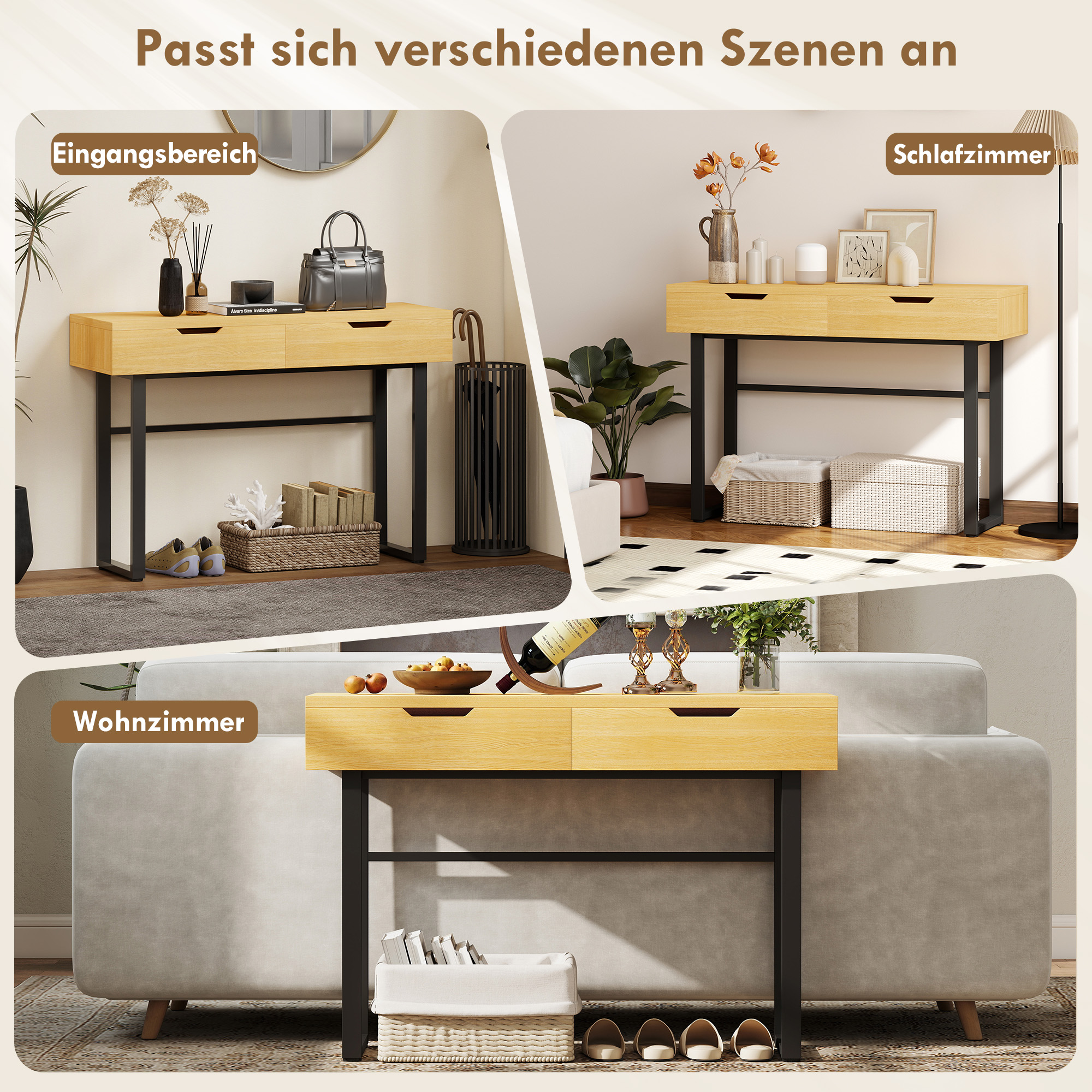 Konsolentisch Schmaler Flurtisch mit 2 Schubladen, Metallrahmen, für Flur 110 x 35 x 76,5 cm Natur