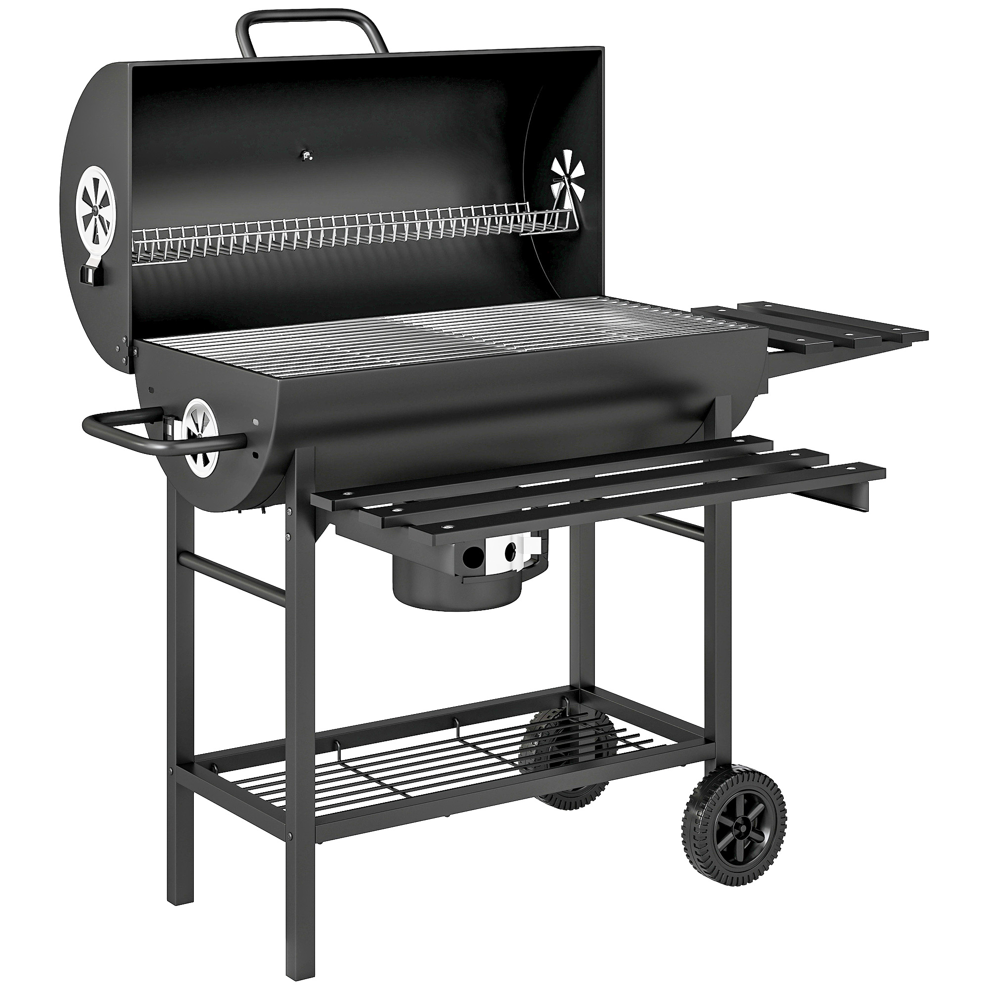Holzkohlegrill aus Stahl BBQ Smoker mit Deckel Griffe Thermometer Räder fahrbar 114 x 65 x 95 cm