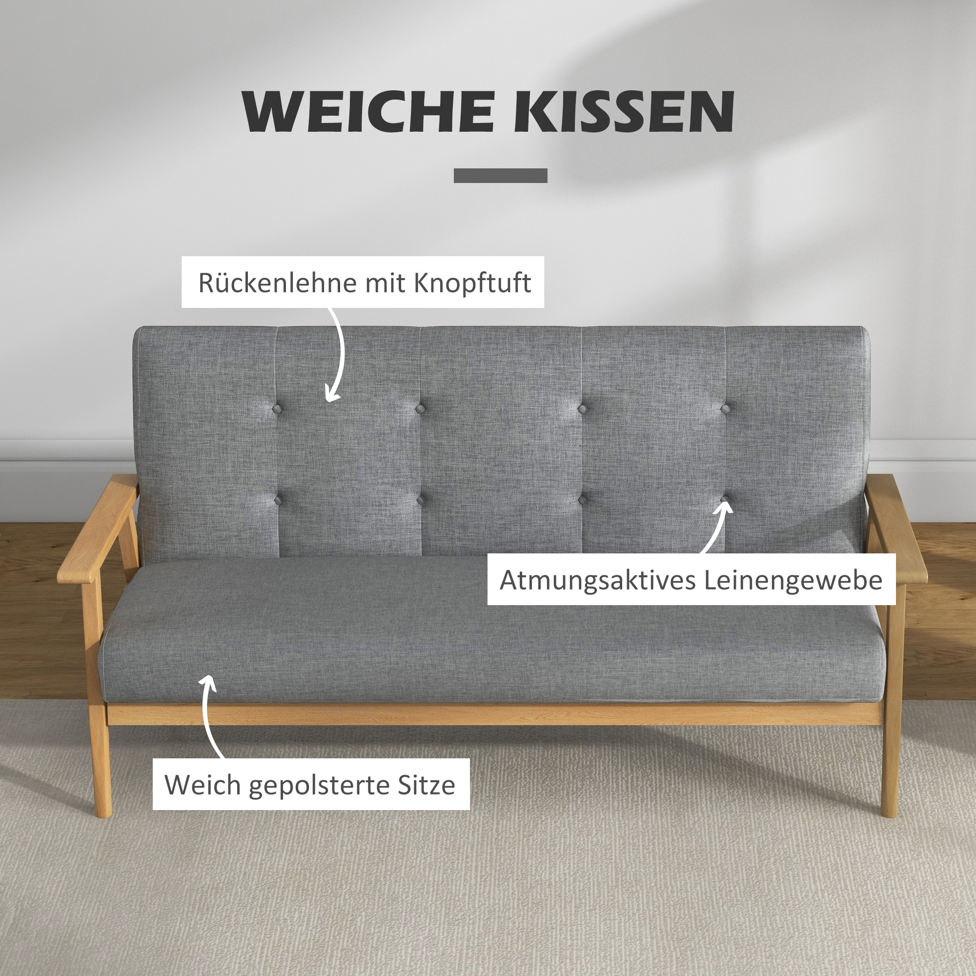 Dreisitzer-Polstersofa, Kautschukholz, 154,5 x 69,5 x 73 cm, Grau