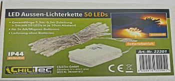 LED Batterie-Lichterkette "CT-TK50" 5m, warmweiß, IP44, 50 LEDs, mit 6Std.Timer
