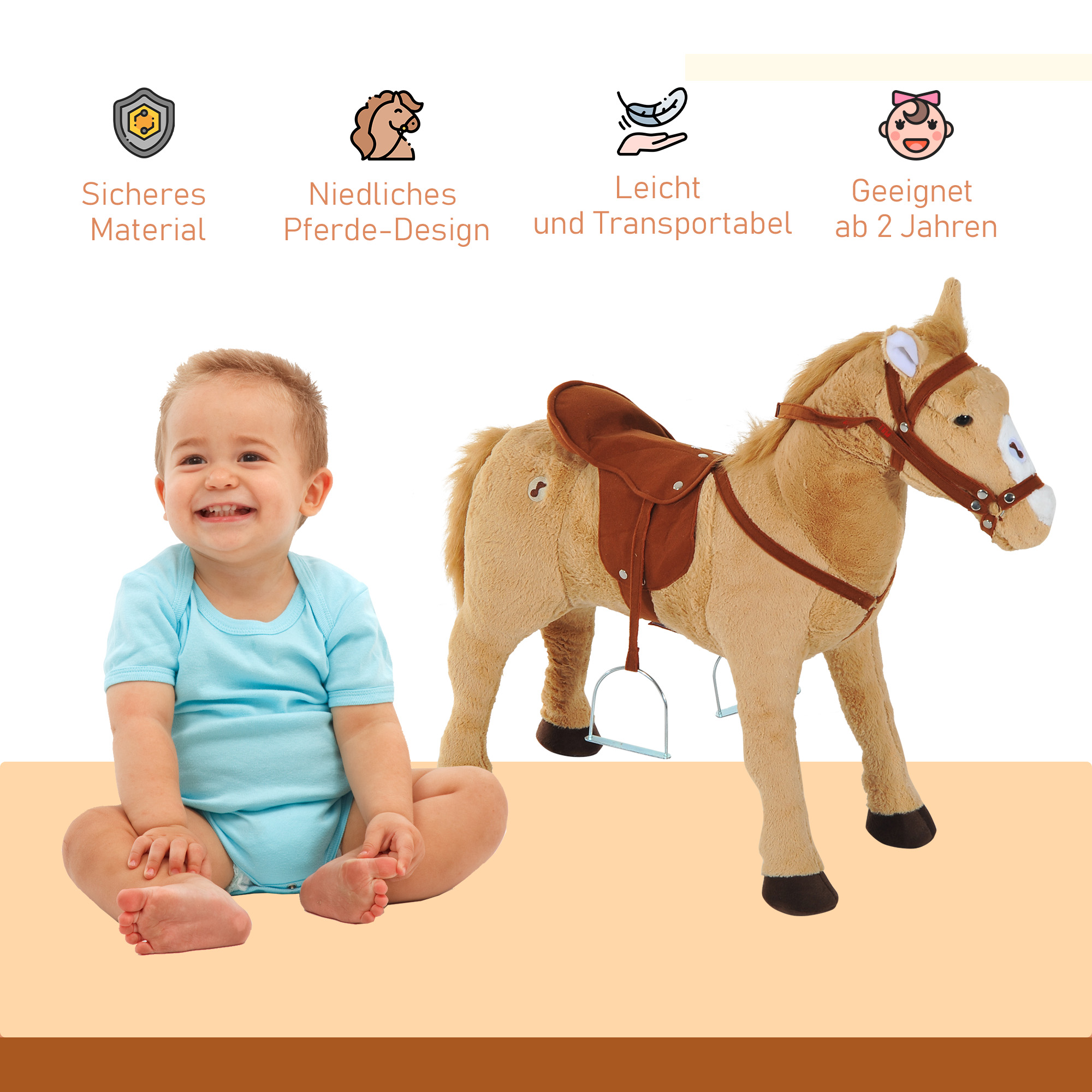 Reitpferd auf Rollen 60 cm Stehpferd mit Sattel, Zaumzeug Steigbügel Sound Spielpferd zum Reiten Draufsitzen Schaukeltier für Kinder ab 2 Jahre, Schaukelpferd Plüschpferd Indoor Outdoor Beige