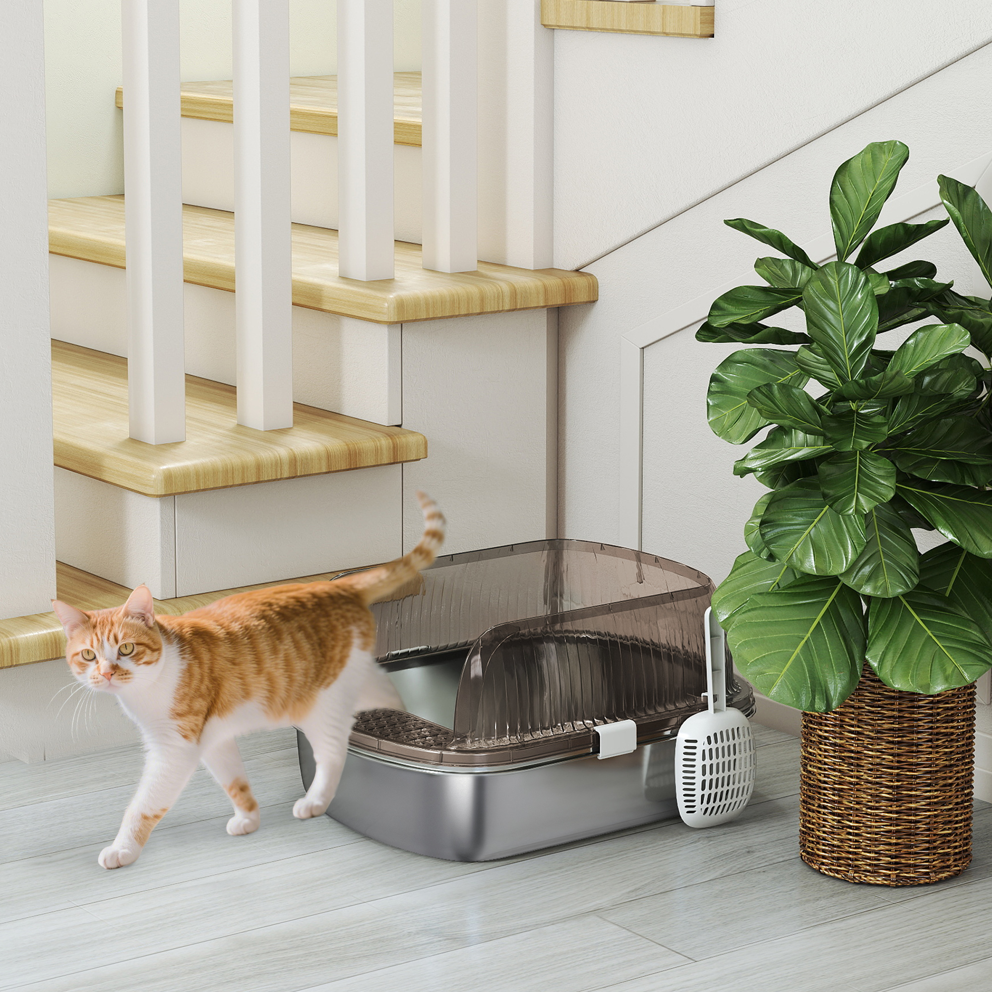 Katzenklo Edelstahl, Katzentoilette mit hohem Rand, Wanne, inklusive Schaufel, für große Katzen, 53x42x27cm, Kohlegrau