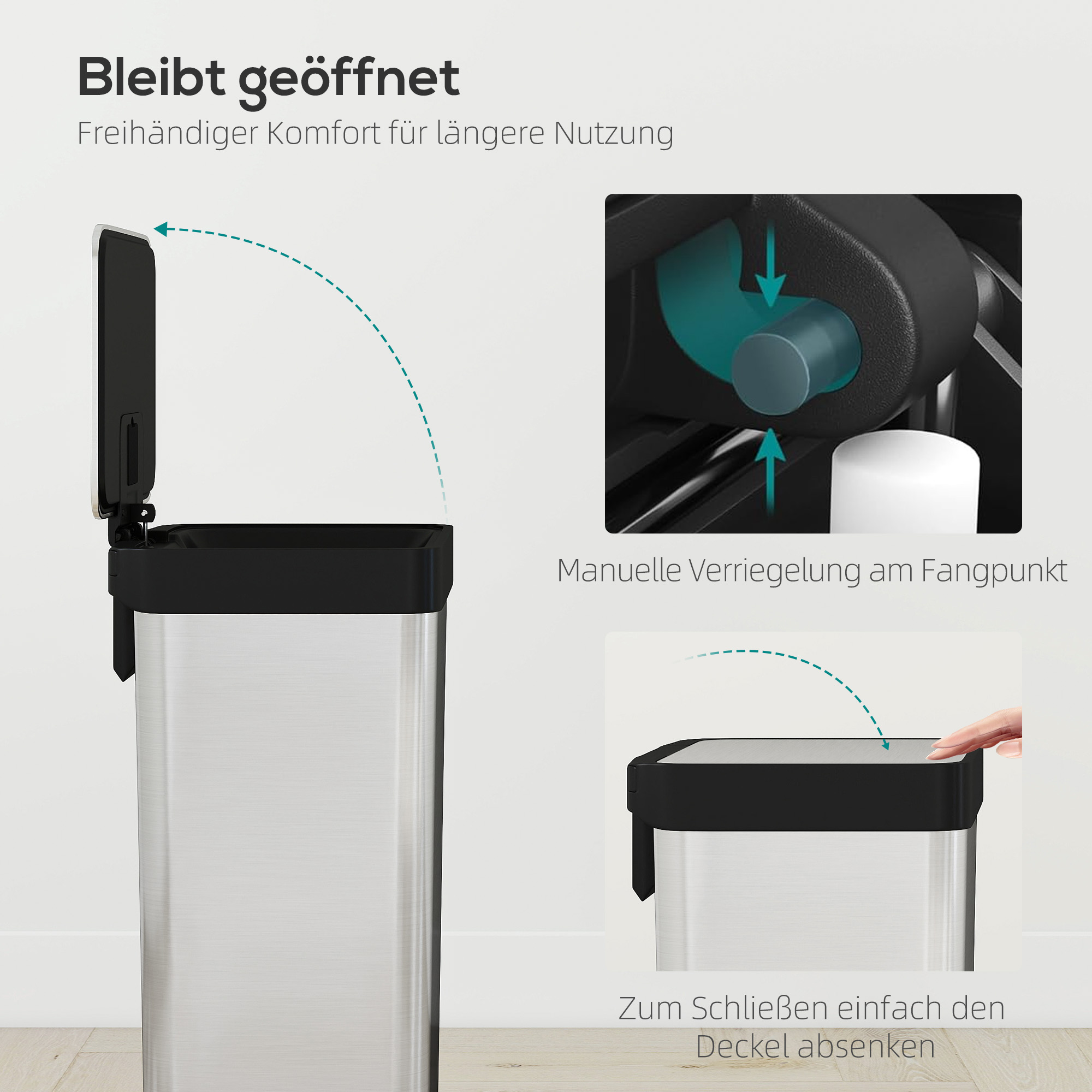 60 L Mülleimer mit Fußpedal, Edelstahl-Abfalleimer mit sanft schließendem Deckel, Silberfarben
