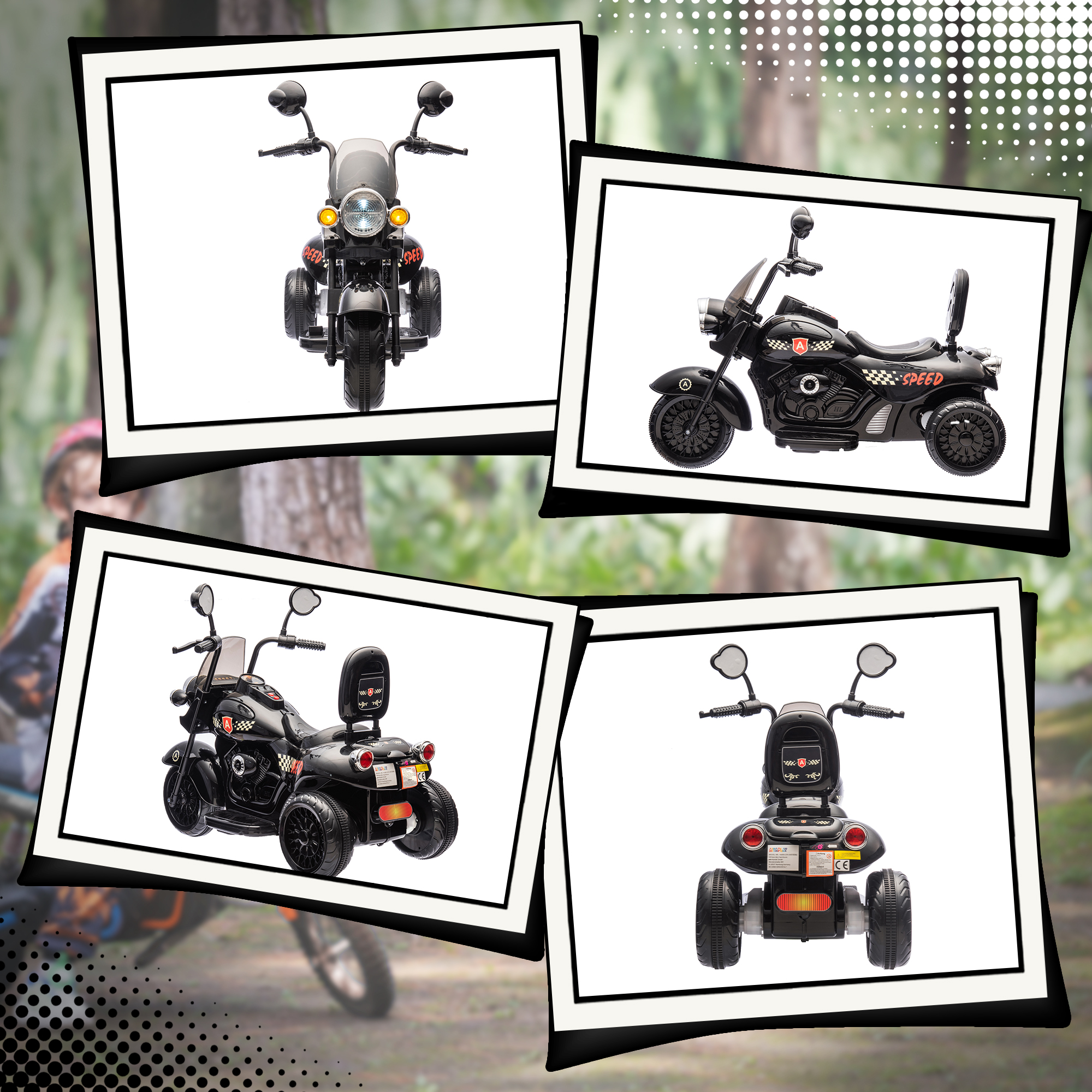 Elektro-Kindermotorrad, 3-5 km/h, Chopper, Licht & Musik, für Kinder 3-6 Jahre, Schwarz