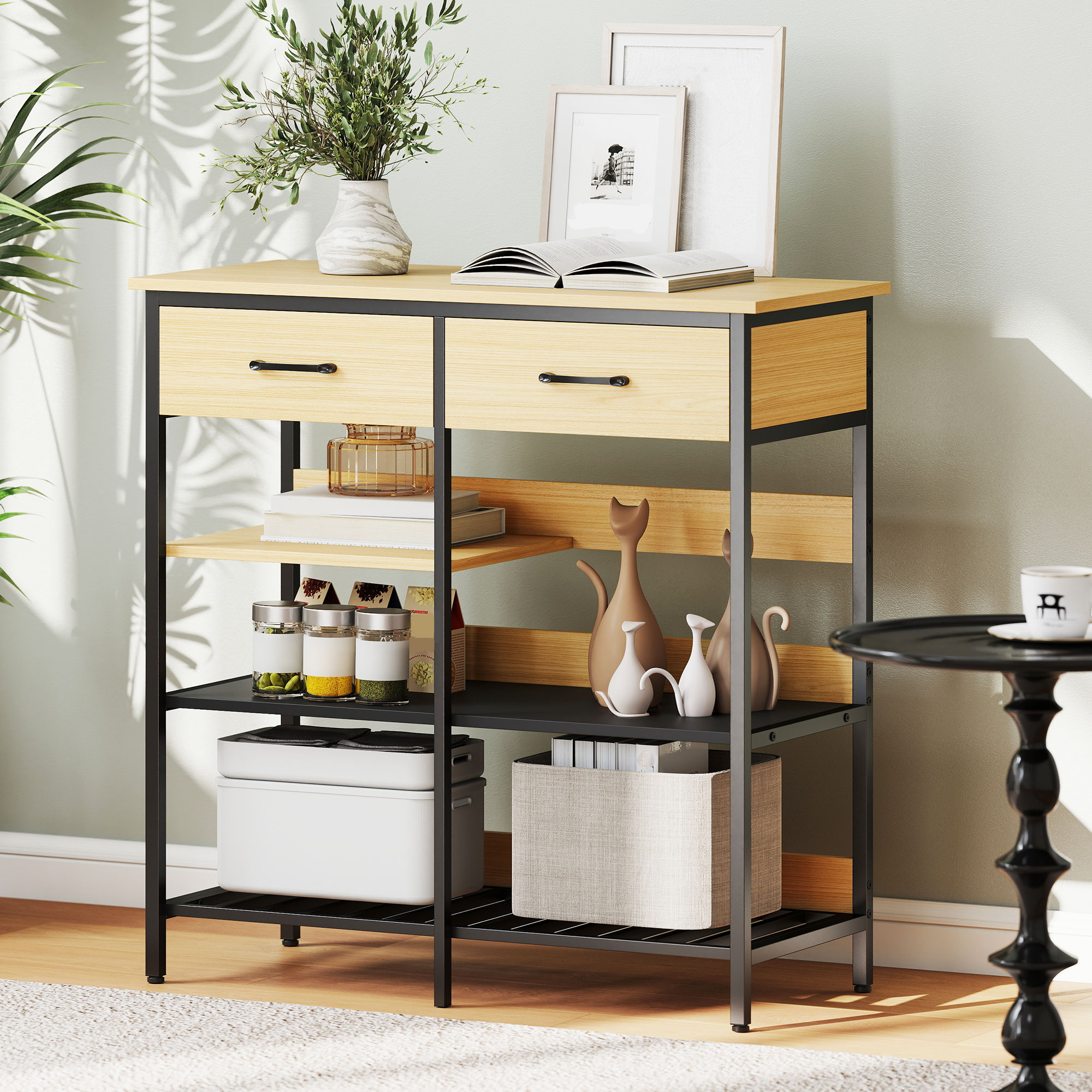 Sideboard, Kommode mit 2 Schubladen, 3 offenen Regalen Küchenschrankfür Küche, Wohnzimmer 90 x 40 x 91 cm, Naturholz