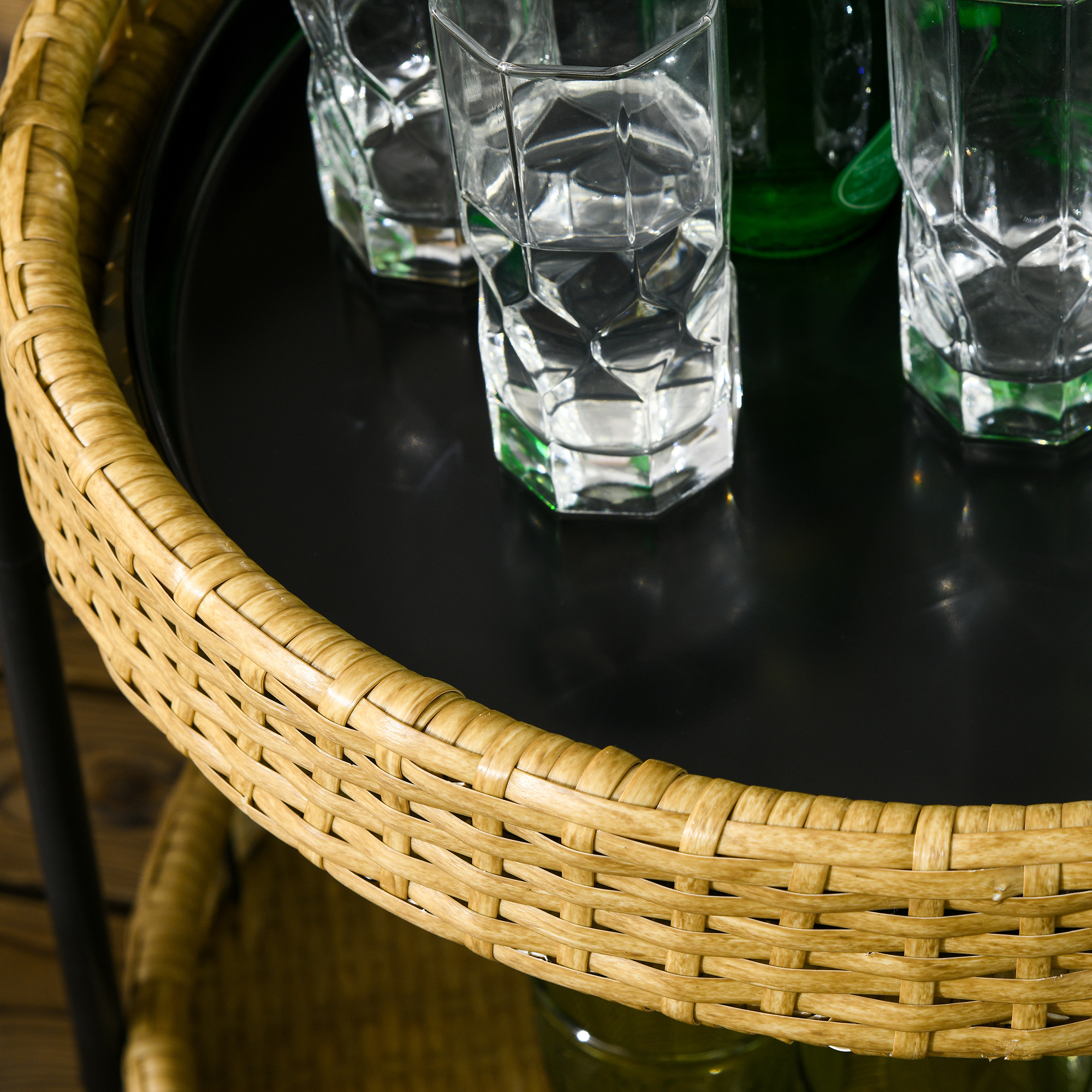 Outdoor Servierwagen, 2 Etagen, Bremsen, Polyrattan, Metallrahmen, ?50 x 66H cm, Gelb