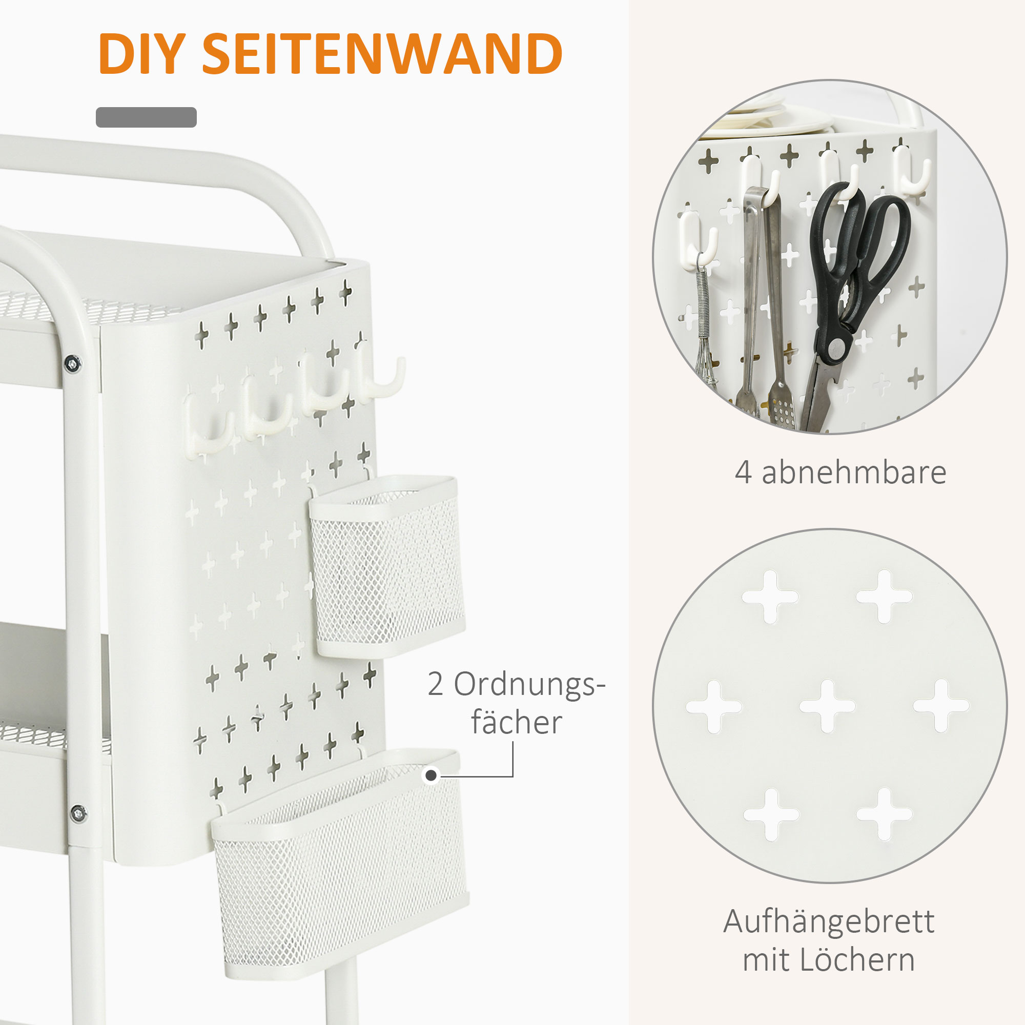 Küchentrolley mit Lochtafel, Handtuchhaltern und Aufbewahrungskörben, 51,5 cm x 32 cm x75,6 cm, Weiß