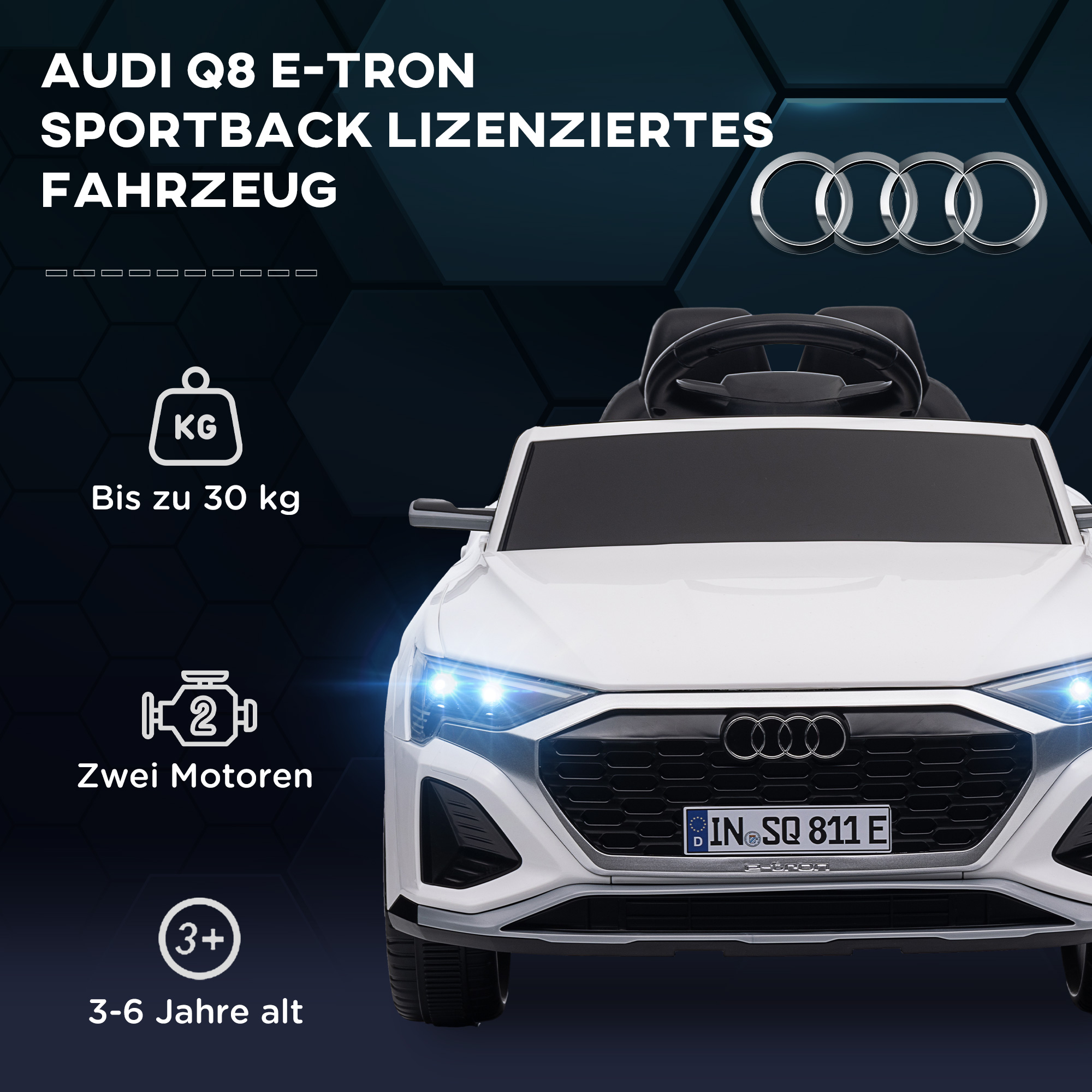 Elektro-Kinderauto, 12V Audi Q8, 3-5 km/h, Fernsteuerung, Scheinwerfer, Musik, Weiß
