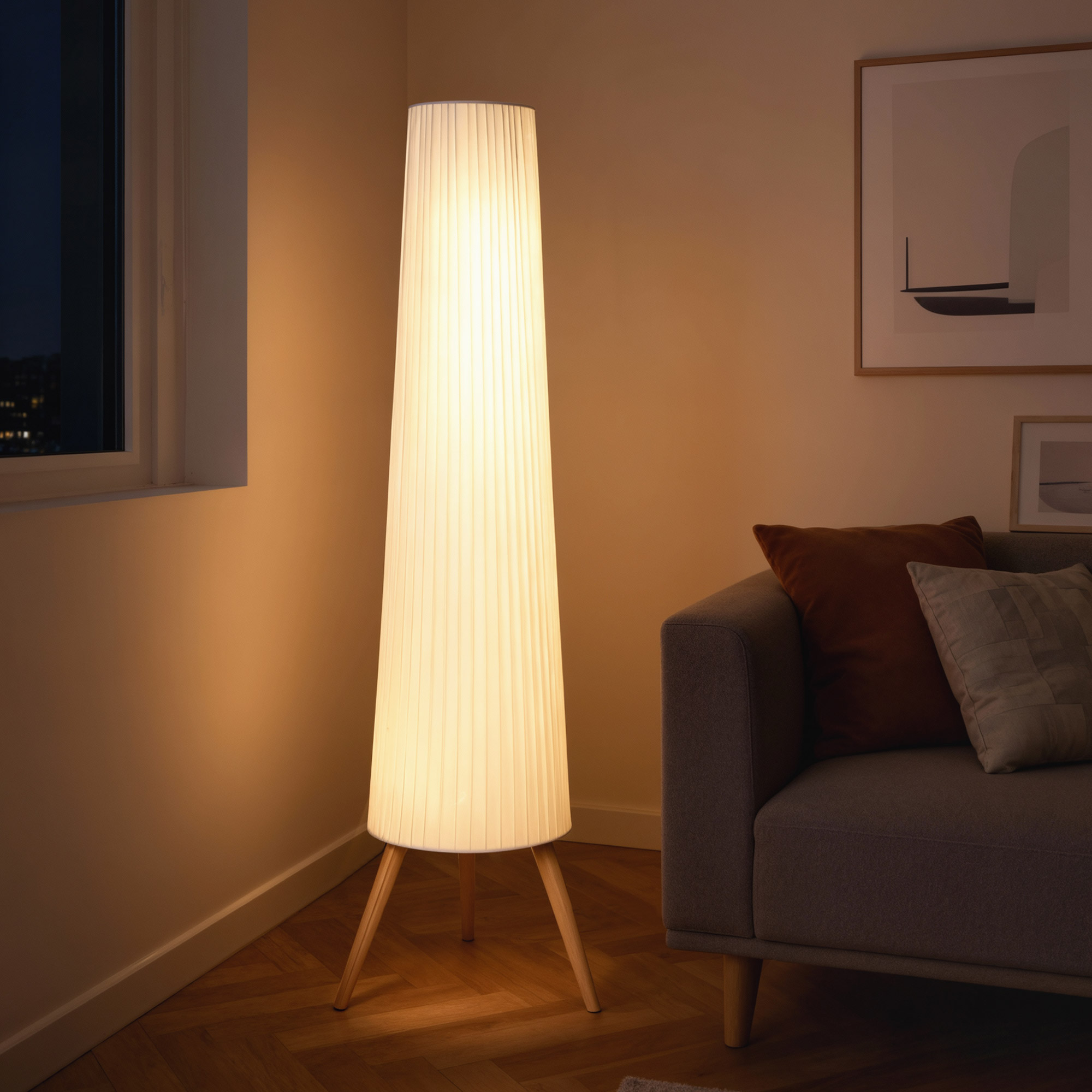 LED Stehlampe Wohnzimmer Dimmbar Holz mit Dreibein, Stehleuchte mit Fußschalter, 46 x 46 x 153 cm, Weiß