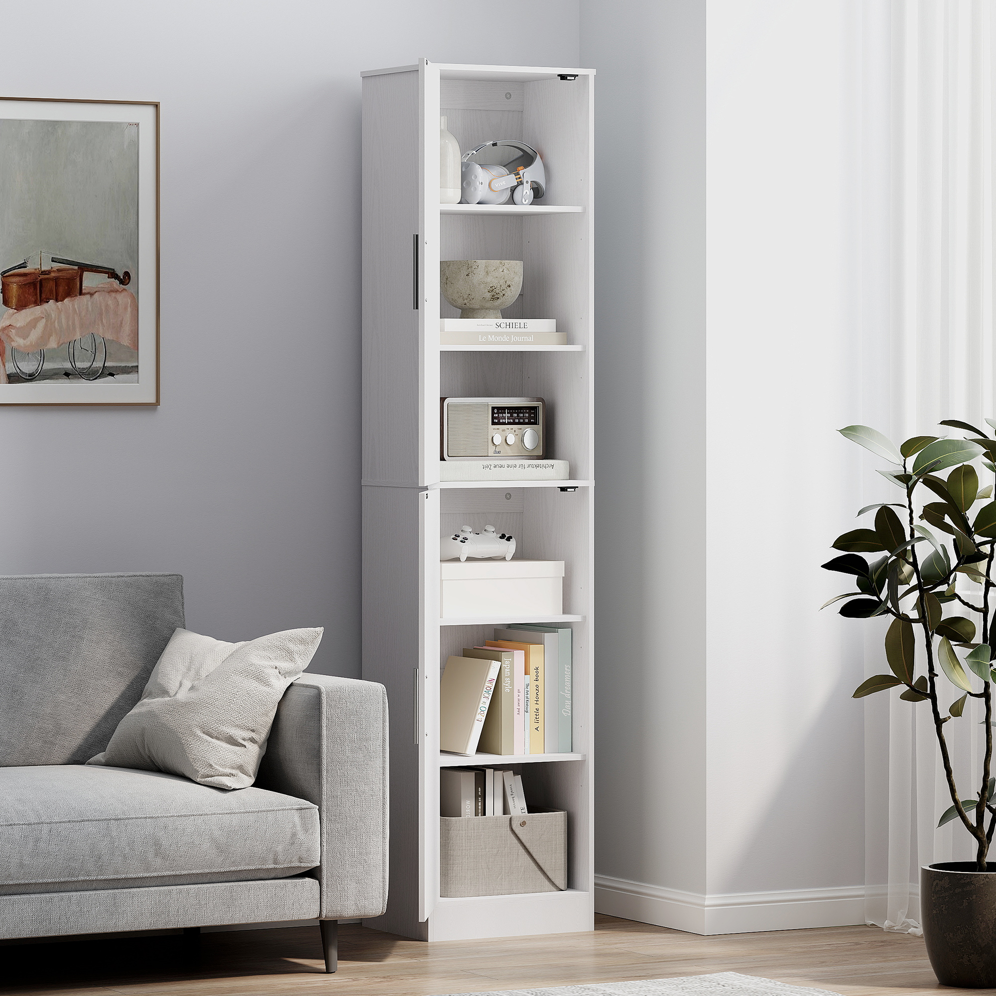 180 cm hoher Badezimmerschrank, schmaler Badschrank mit 2 Türen, 4 verstellbare Regale, Spanplatte, MDF, Weiß