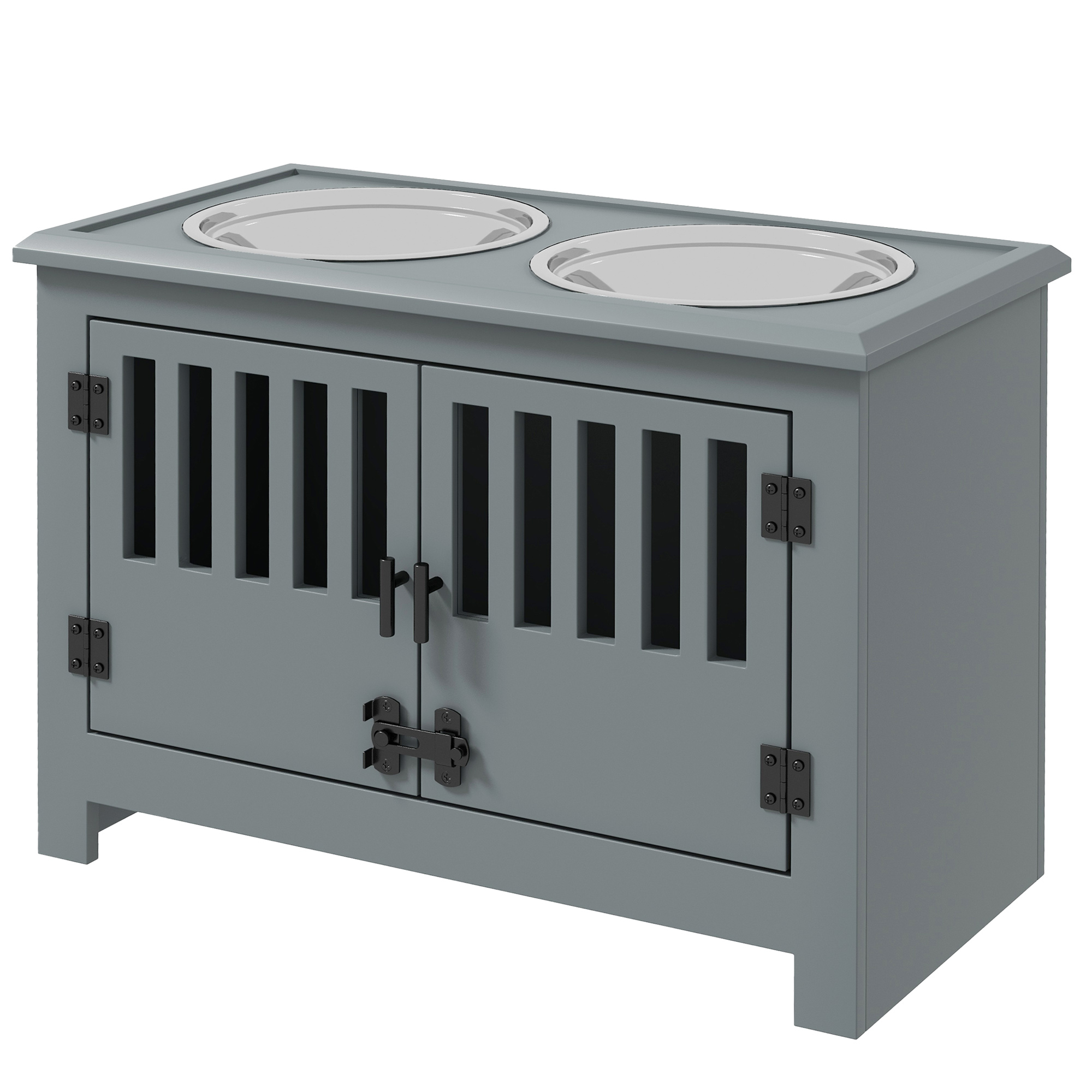 Erhöhte Futterstation für große Hunde, 2 Edelstahlnäpfe, Stauraum, 35,5x60x30 cm, Grau