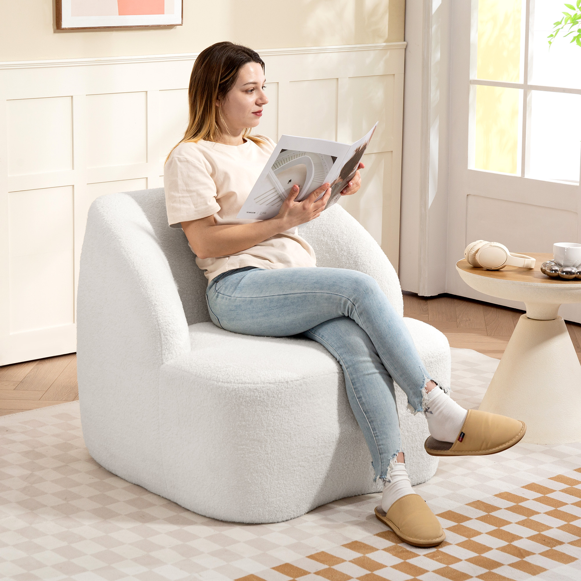 Moderner Sessel mit Fleece-Polsterung, kuscheliger Polstersessel für Wohnzimmer, Schlafzimmer, Homeoffice, Cremeweiß