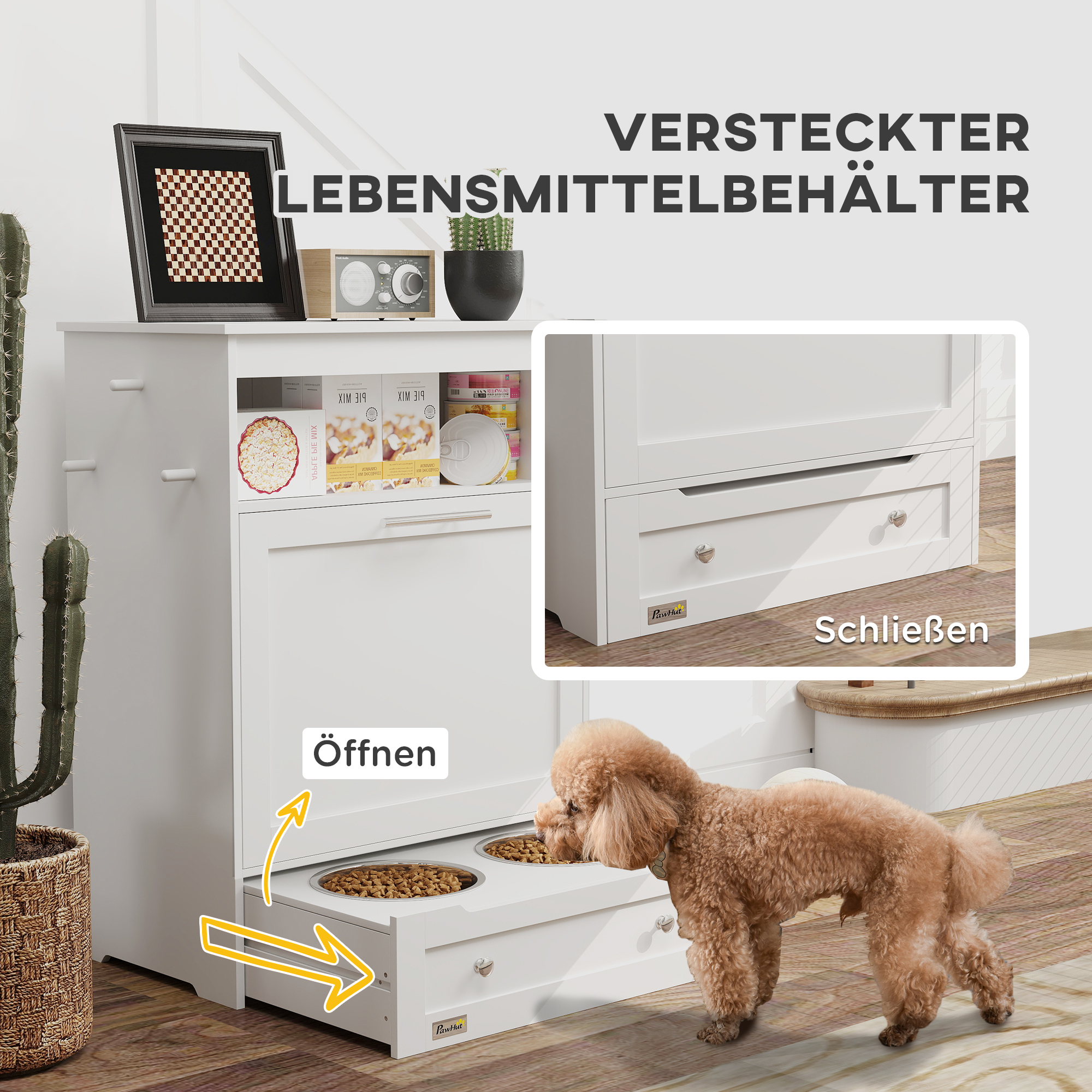 Futterstation für Haustiere, Aufbewahrungsschrank für Haustierbedarf, mit Futterschüsseln, Haken für Leinen, MDF, Weiß