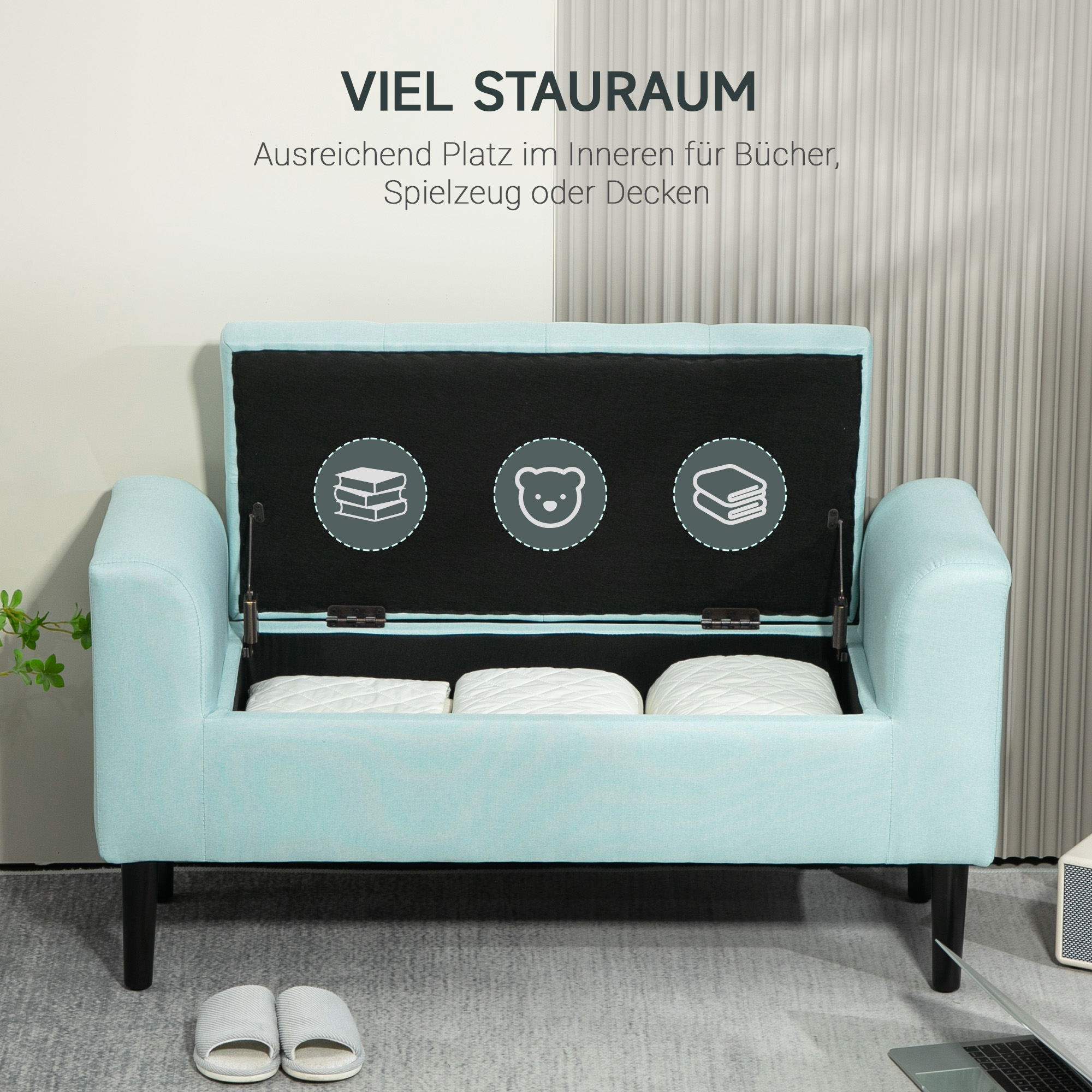 Sitzbank, Polsterbank mit Stauraum, leinenartiges Polyester, Kautschukholz, 100 x 40 x 44 cm, Grün