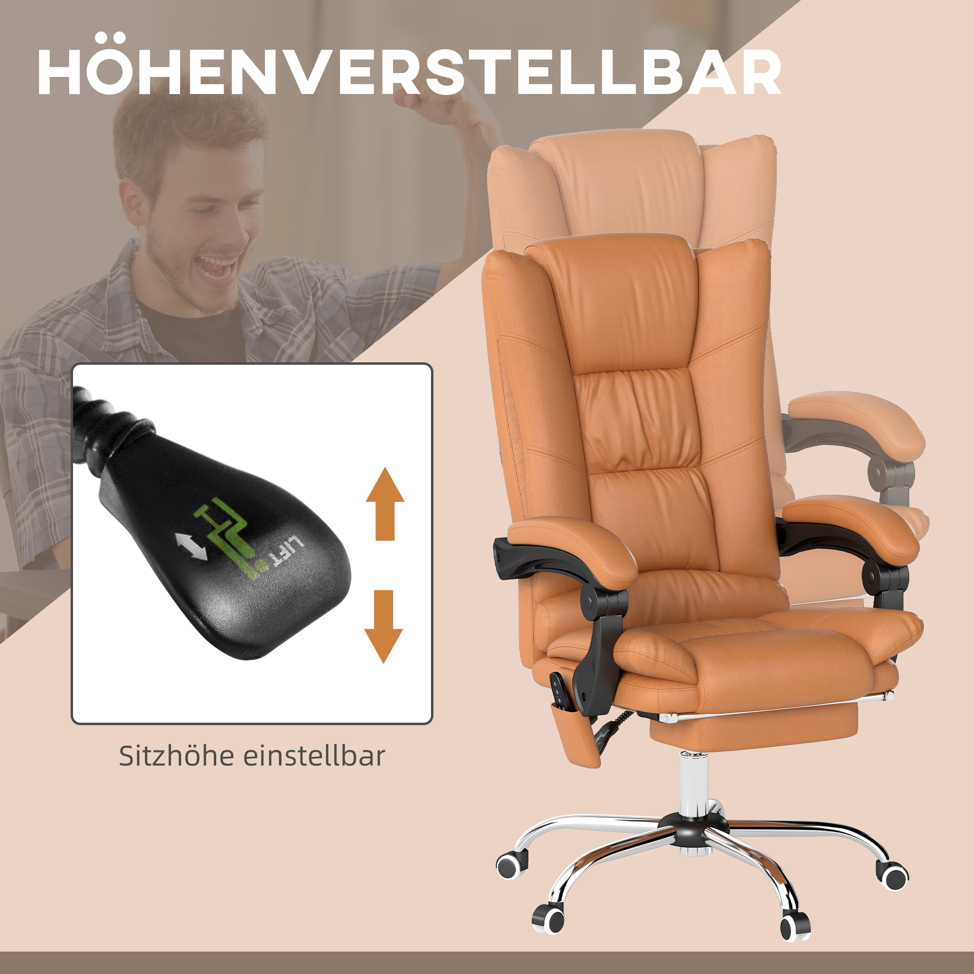 Massage-Bürostuhl, Schreibtischstuhl mit Heizfunktion, Drehstuhl, Liegefunktion, höhenverstellbarer PC-Stuhl, Hellbraun