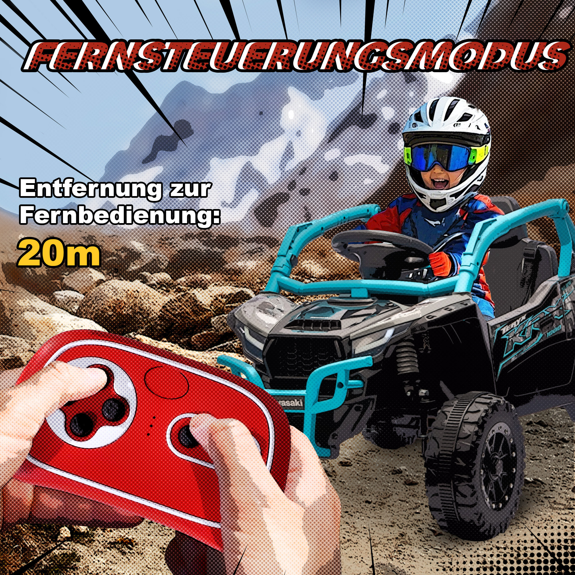 12V Elektrisches Geländefahrzeug für Kinder, Fernbedienung, LED-Lichter, Musik, Hupe, für Kinder von 3-8 Jahren, Blau