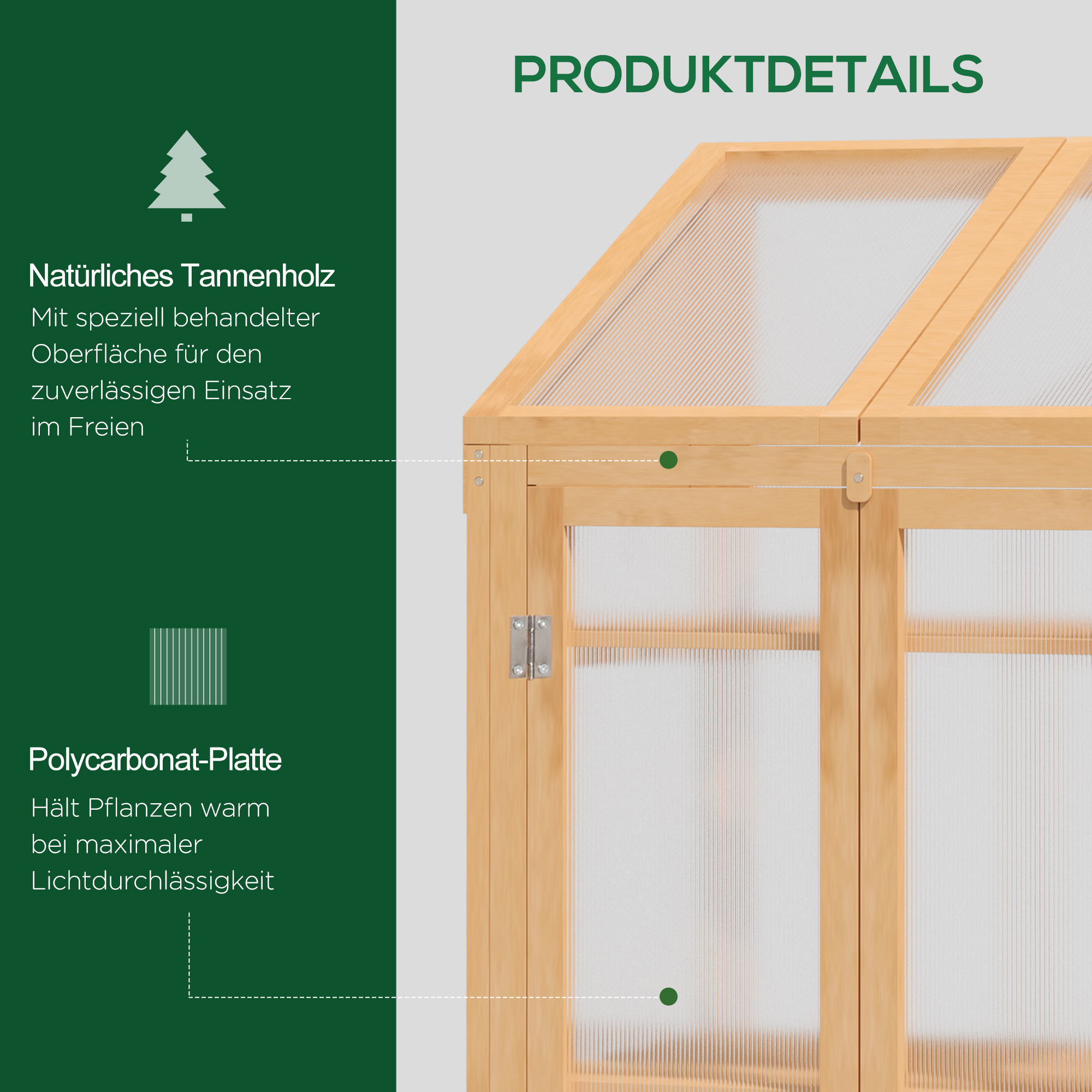 Mini-Gewächshaus, kleines Treibhaus mit Holzrahmen, Fenster und Doppeltür, 3 Regale, 70L x 50B x 120H cm, Braun