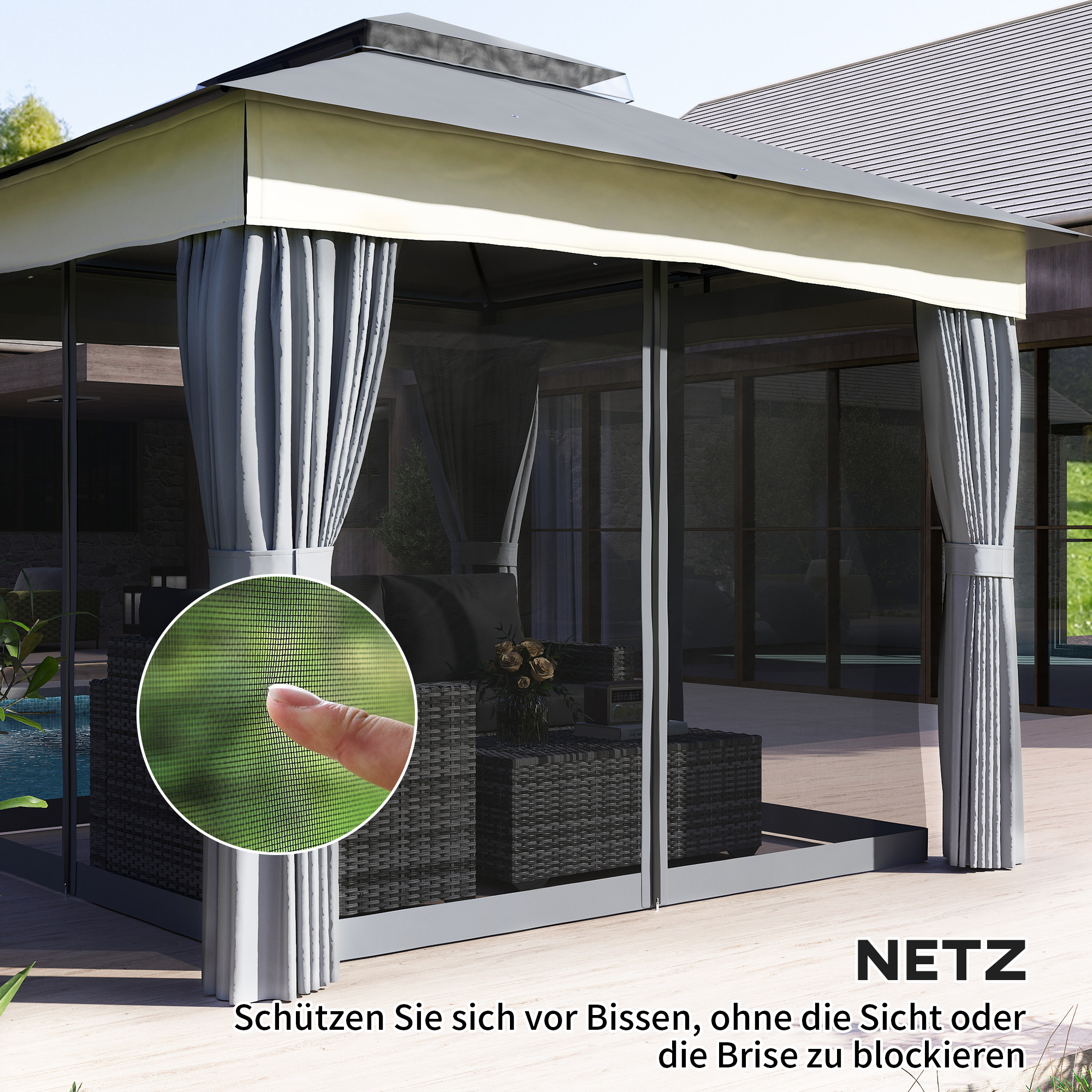 Pavillon mit Doppeldach, 3x3 m Wasserabweisend Stabil Winterfest Gartenpavillon aus Metall Dunkelgrau