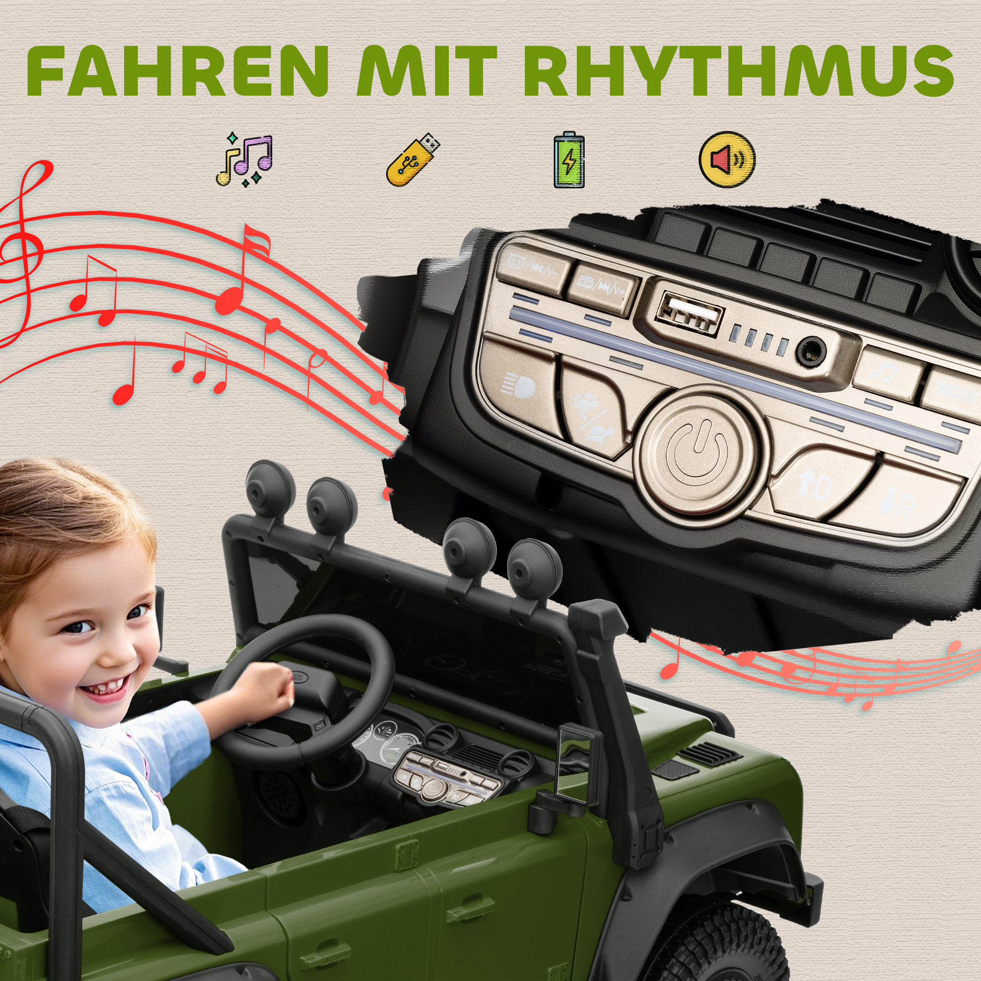 Kinder-Elektroauto, 12V Batterie-Betrieb, Fernbedienung, Musik-Funktion, Hupe, LED-Lichter, Grün