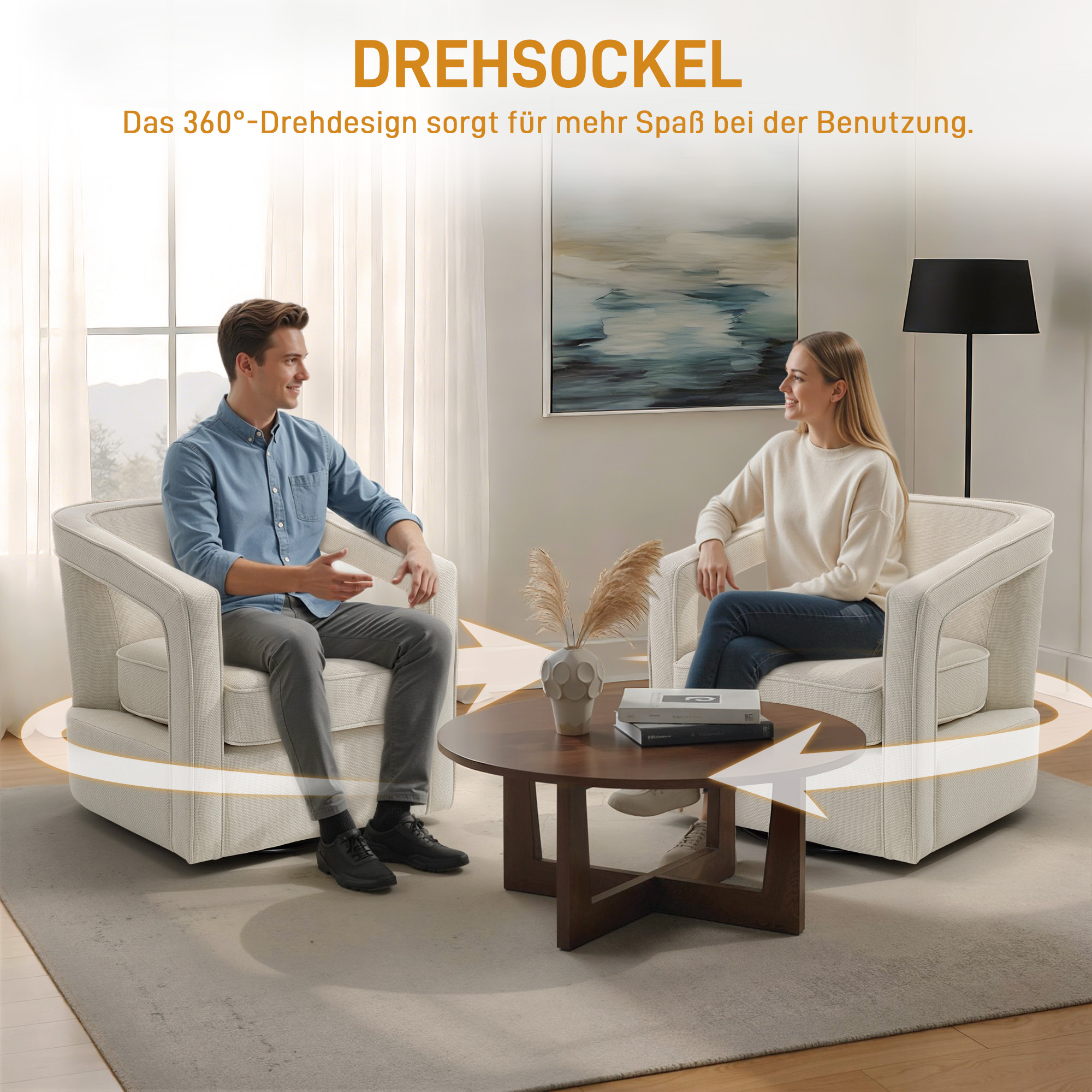 Sessel Wohnzimmer 360° drehbar Loungesessel Relaxsessel mit einteilig Rückenlehne und Armlehnen 77 x 75 x 72 cm Beige