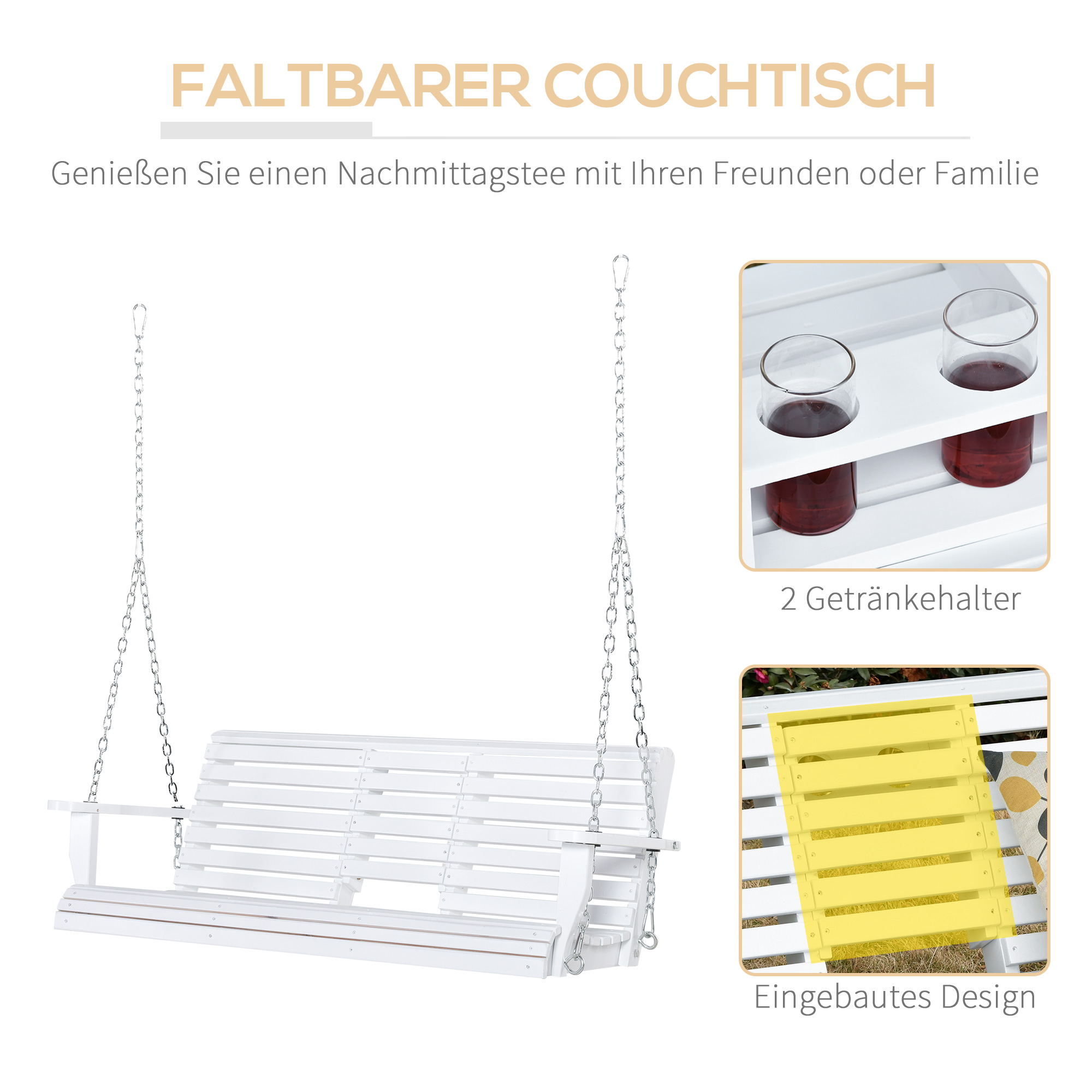 Hängebank mit Klapptisch und Becherhaltern Naturholz 150 x 75 x 53cm