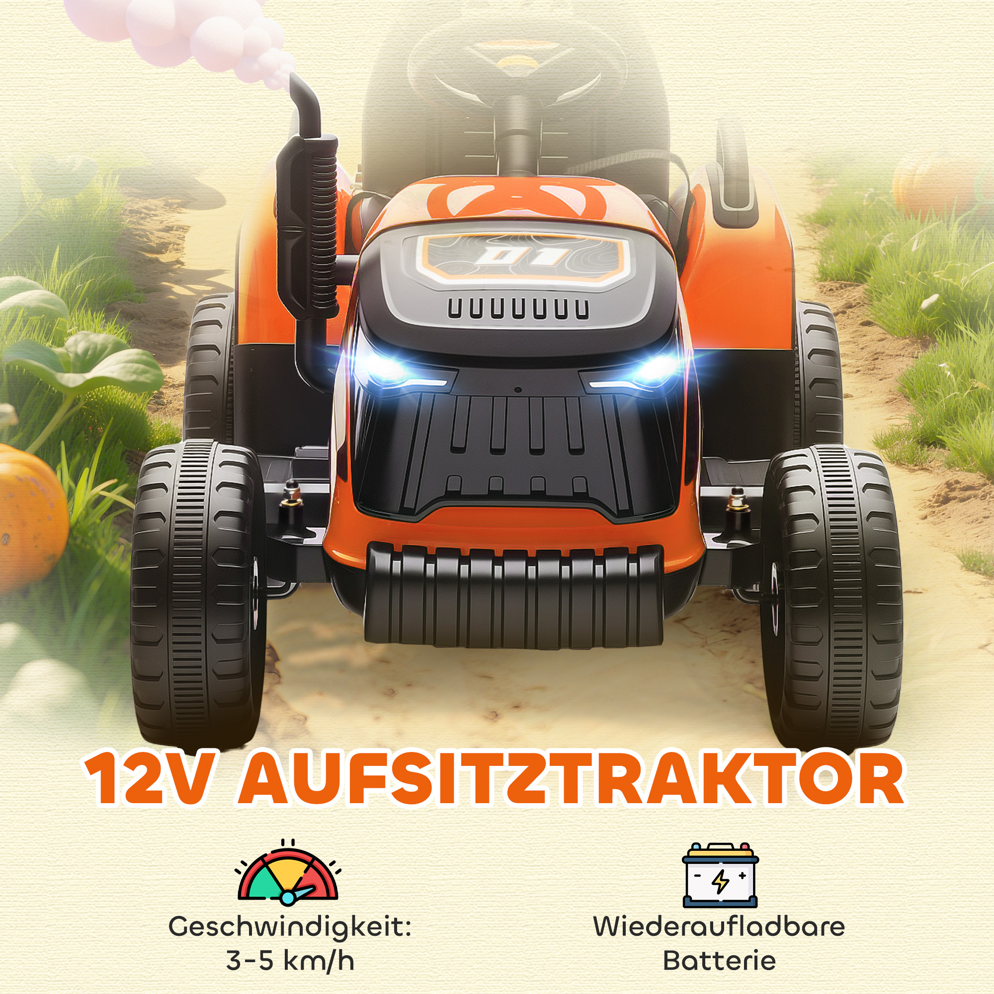 Elektrischer Kindertraktor, Aufsitz-Traktor mit Fernbedienung, Soft-Start, für Kinder im Alter von 3-8 Jahren, Orange