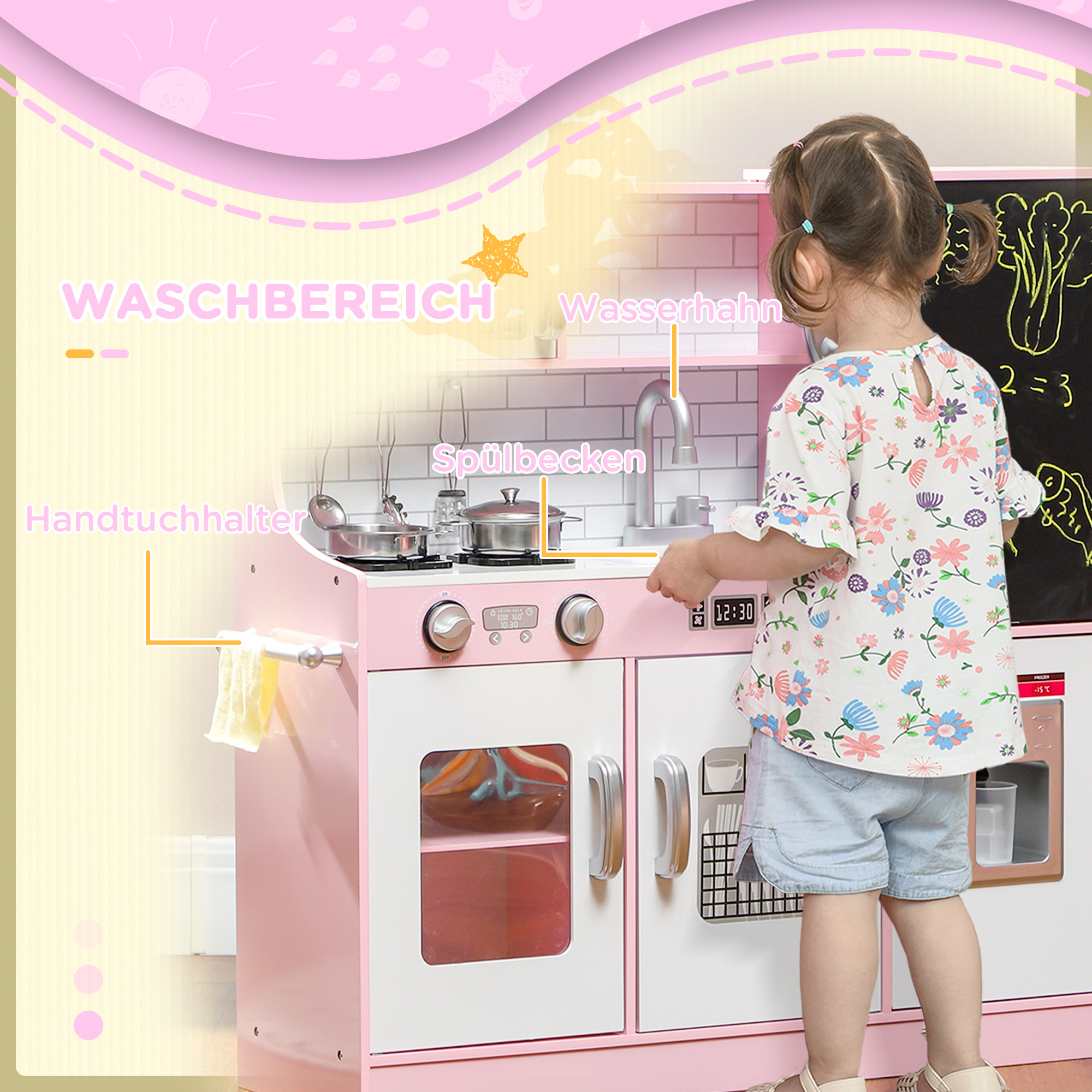 Spielküchen-Set mit Töpfen, Tafel, Telefon, Eismaschine, Herd, 83,8 x 26,8 x 81 cm, Pink