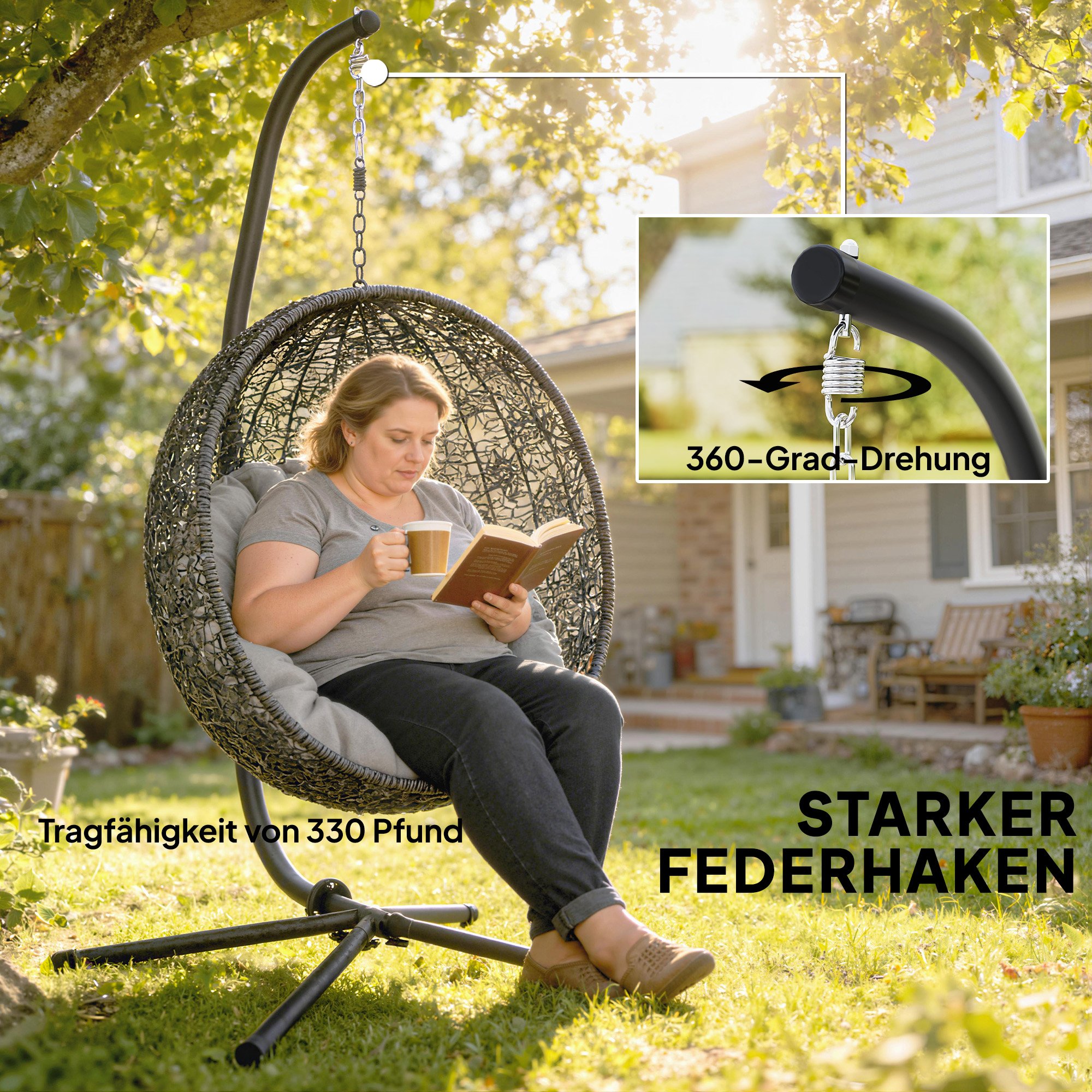 Gestell für Hängesessel in C-Form Höhenverstellbar Metall Ständer mit Aufhängungskette bis 150kg Schwarz