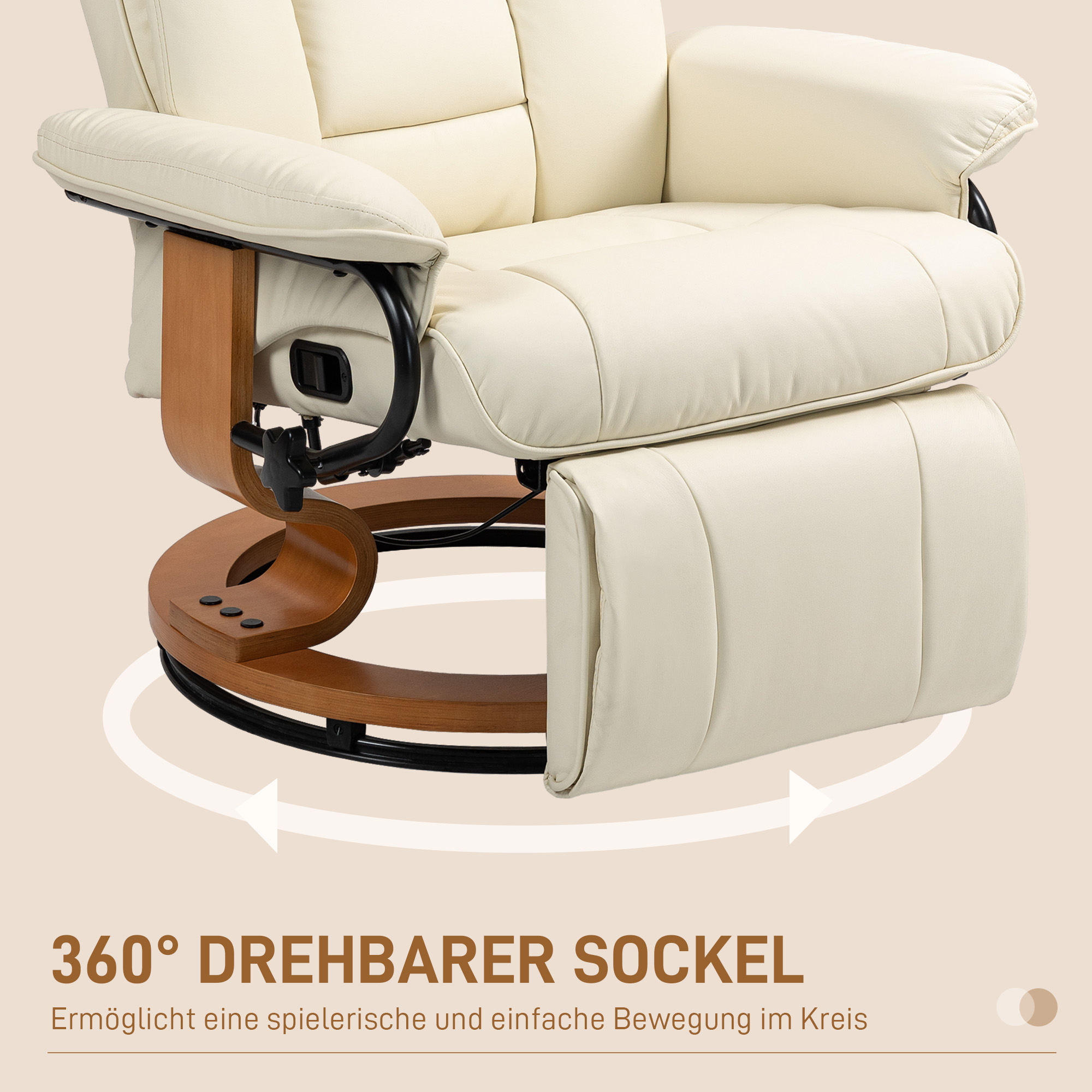 Relaxsessel mit Liegefunktion, drehbar, bis 150 kg, Kunstlederbezug, Stahlrahmen, Cremeweiß