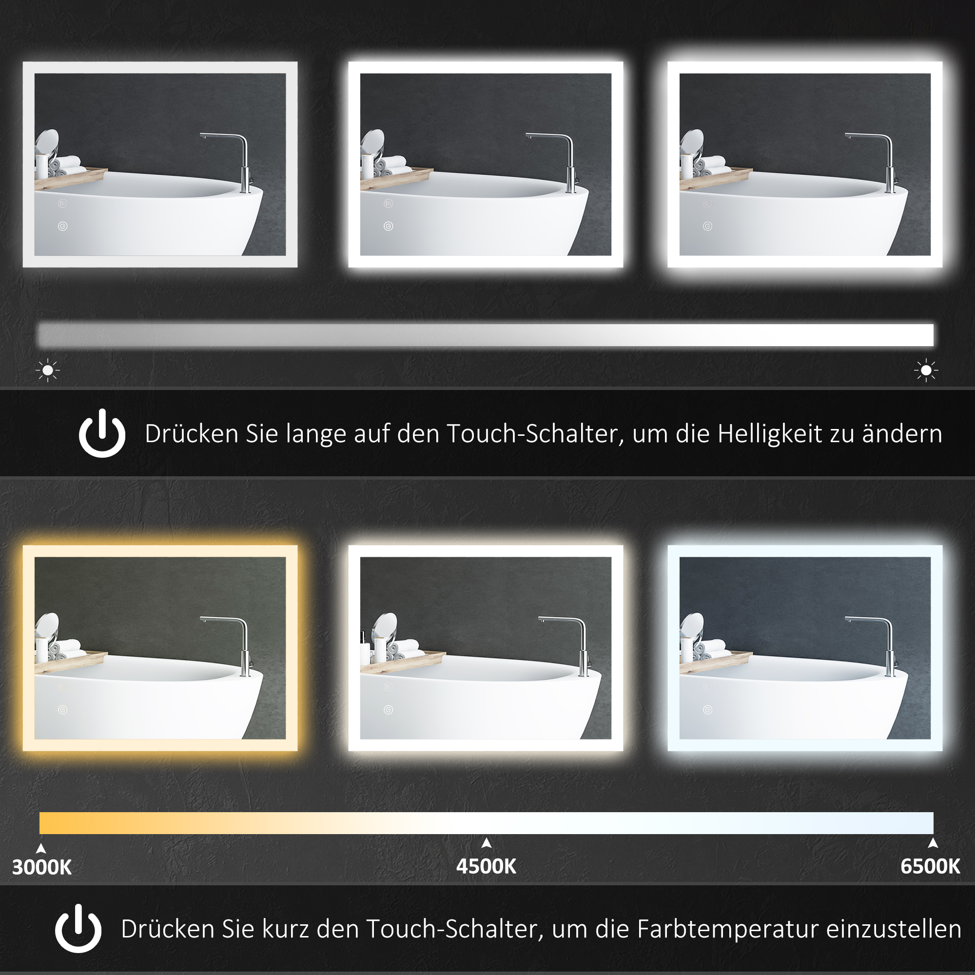 LED Badezimmerspiegel, Hintergrundbeleuchtung, Touch-Funktion, Memory-Funktion, kein Beschlagen, 80 x 60 cm