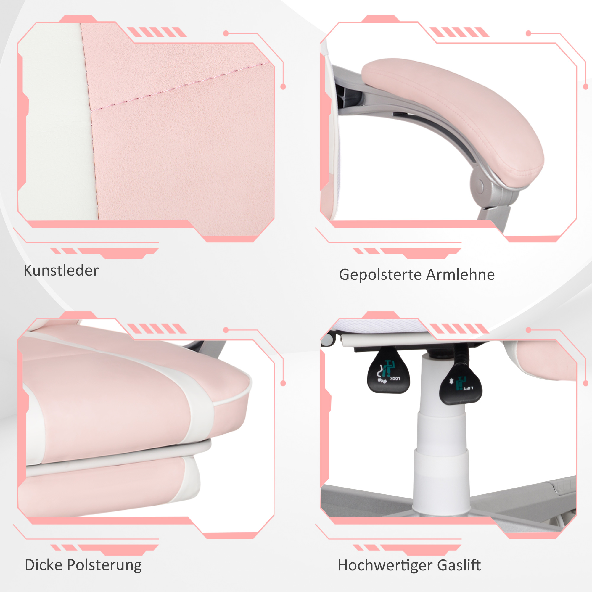 Gamingstuhl mit Fußstütze, Kopf- & Lendenkissen, drehbar, höhenverstellbar, Rosa