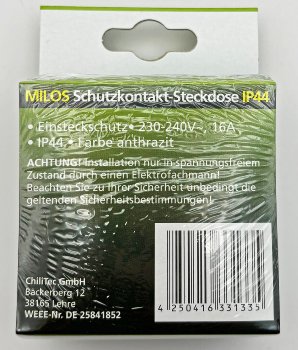 MILOS Schutzkontakt-Steckdose IP44, 250V~/ 16A, inkl. Rahmen, UP, Anthrazit
