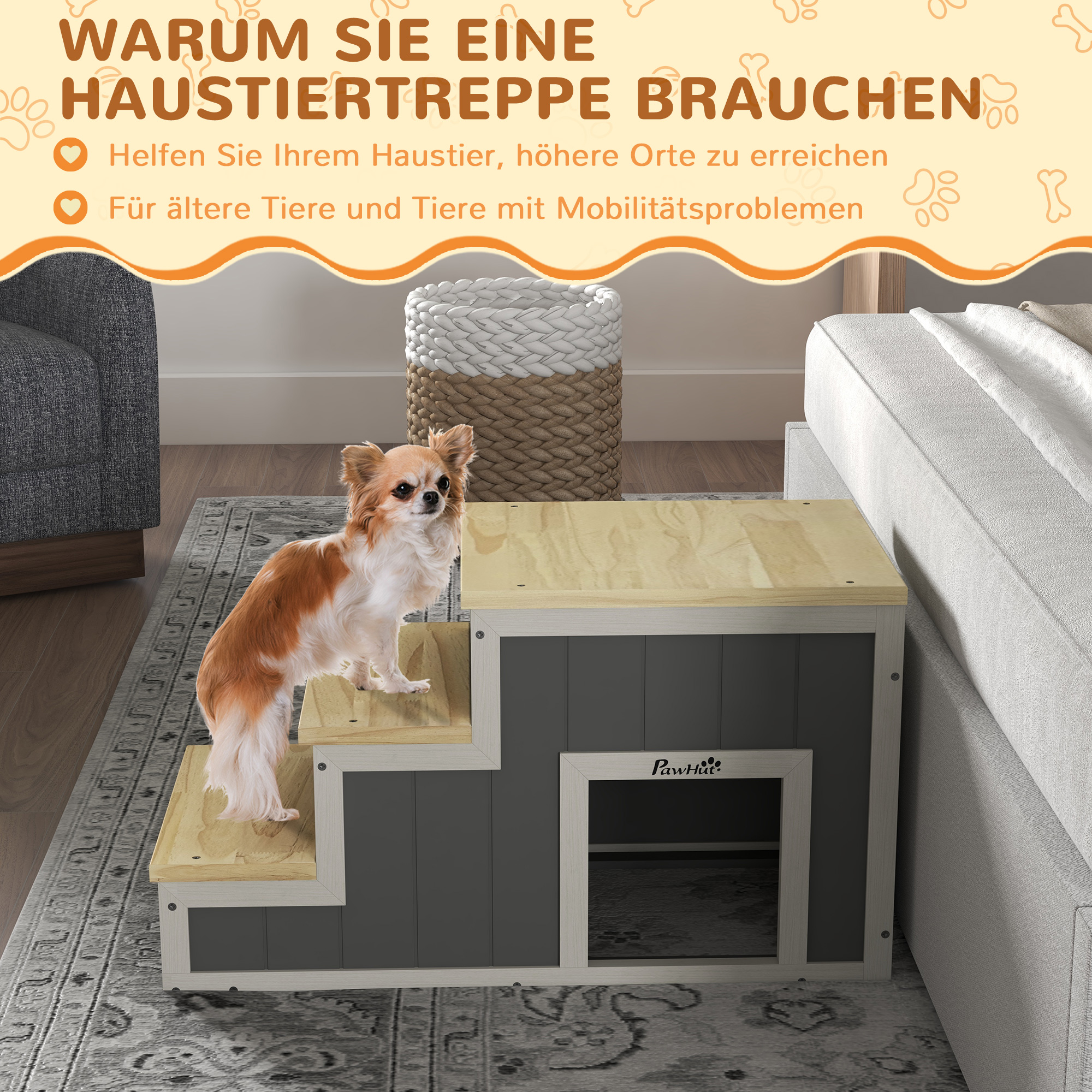 Haustiertreppe Hundetreppe, 3 Stufen, Kiefernholz, 79 cm x 38,5 cm x 45 cm, Natur + Weiß