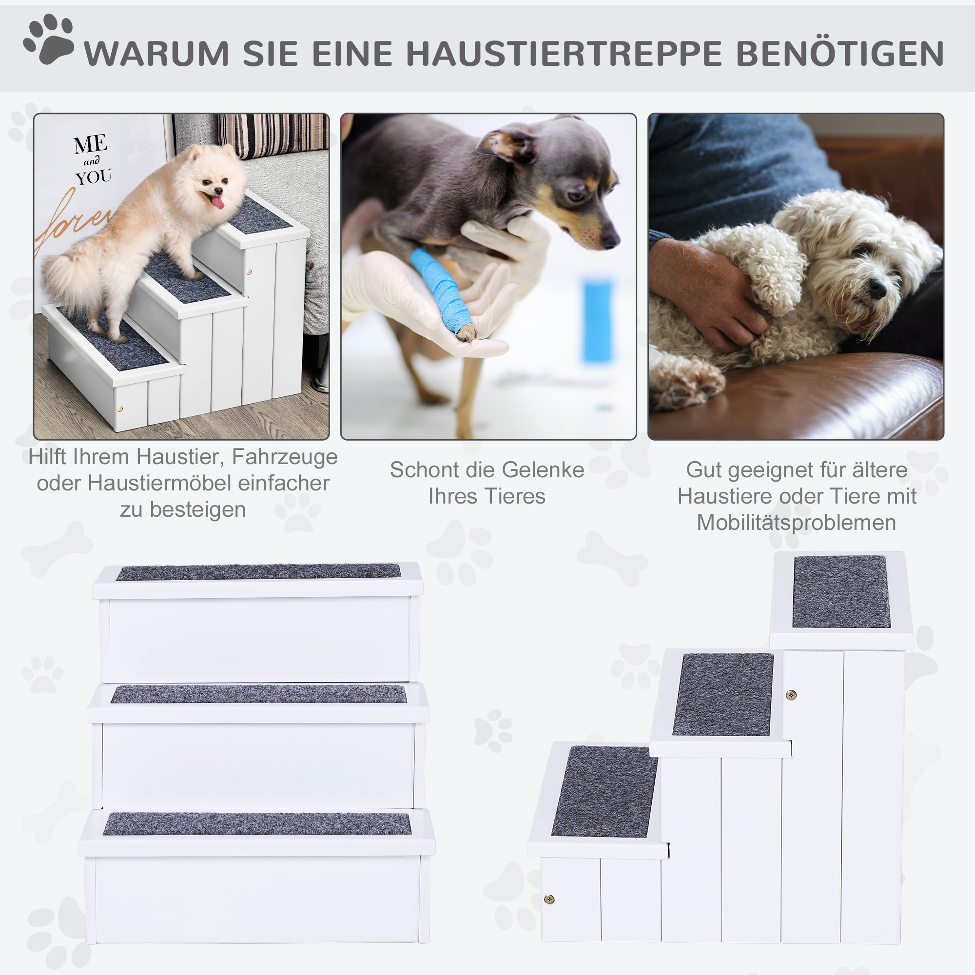 Hundetreppe 3 Stufen Katzentreppe Haustiertreppe Hundetreppe für Hunde und Katzen Tiertreppe Einstiegshilfe mit Teppich Stauraum für Sofa Bett Tannenholz Weiß 40,5 x 44,5 x 38 cm
