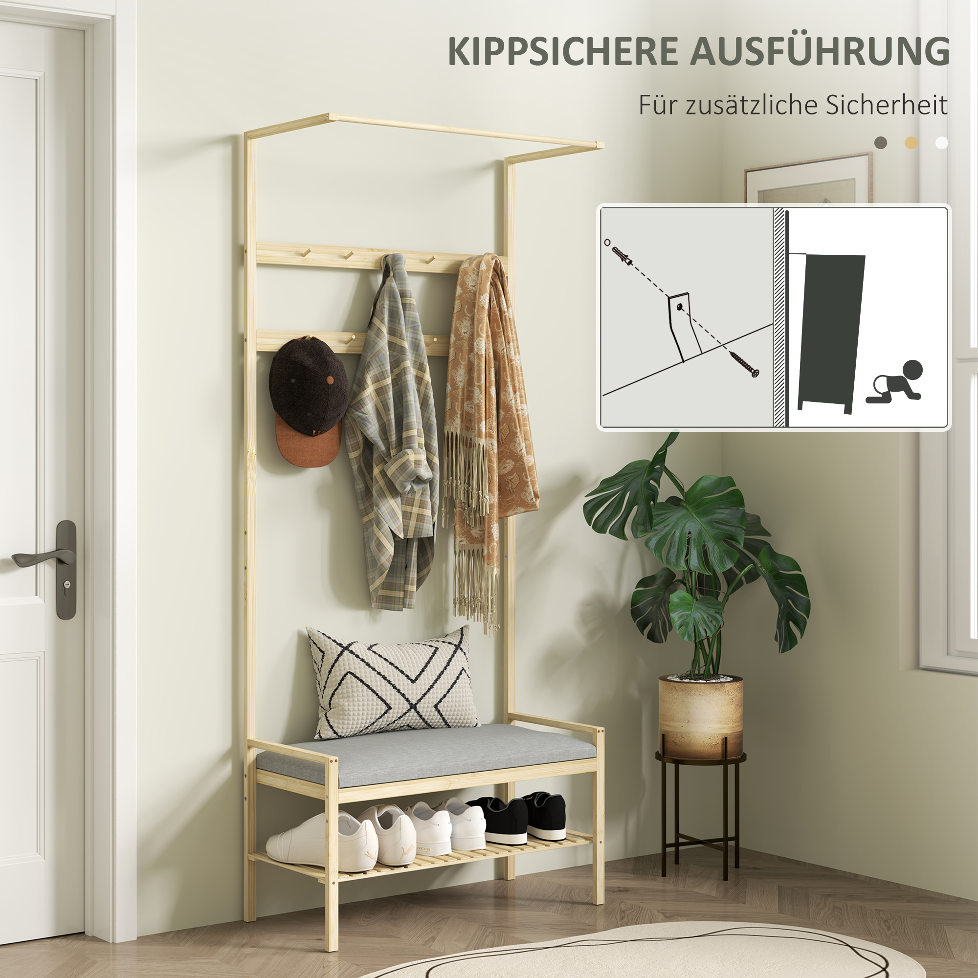 Garderobe mit Schuhbank, Kleiderstange, 10 Kleiderhaken, Schuhablage, Bambus